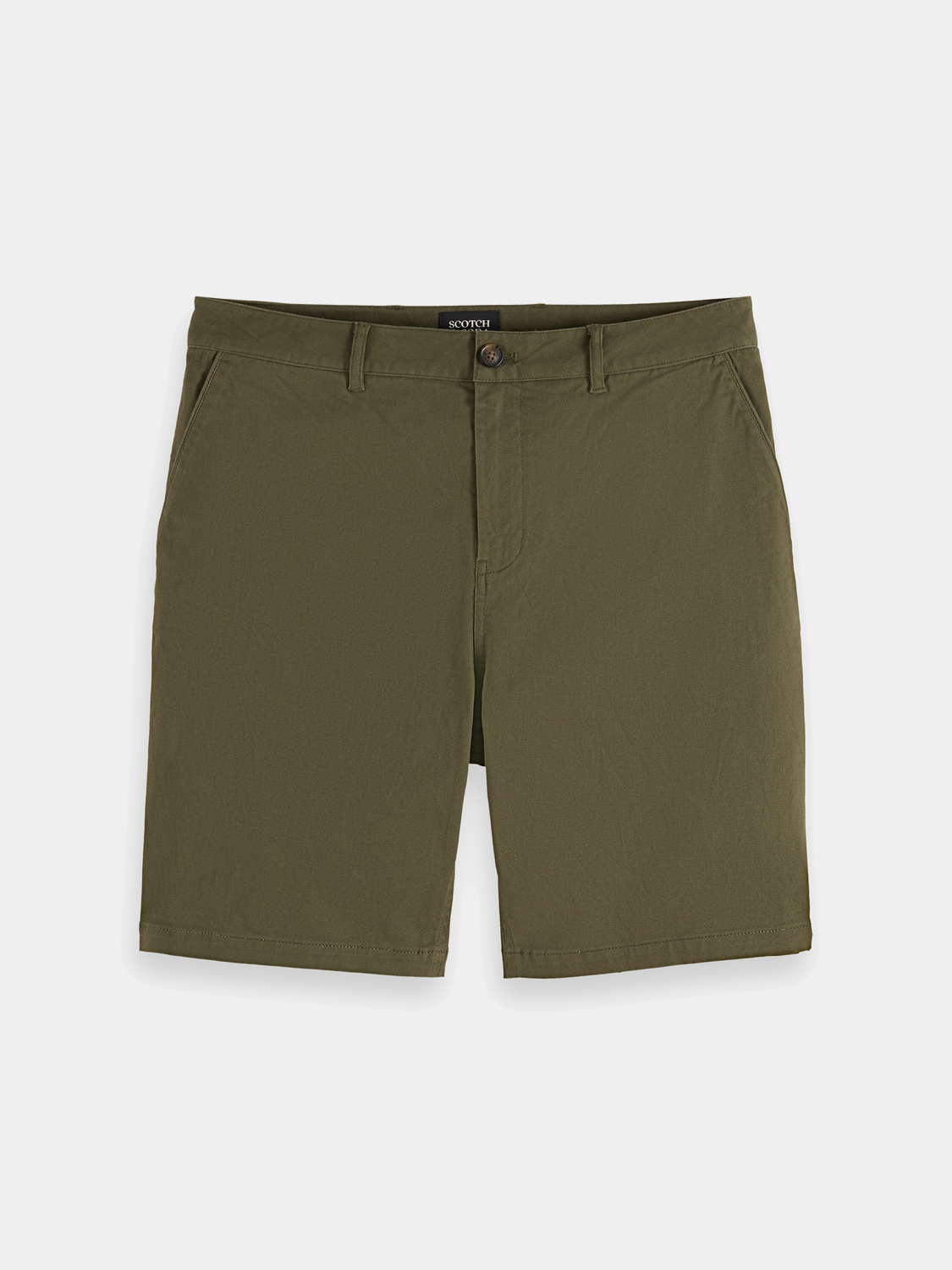 Scotch & Soda Stuart chino shorts in beige with side pockets and a tailored fit, displayed on a neutral background.