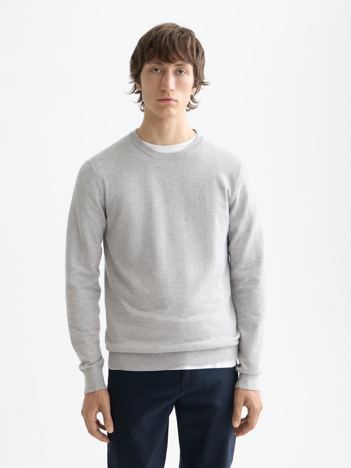 Viscose crewneck pullover by Scotch & Soda, shown in a close-up of the knitwear fabric and classic crewneck design.