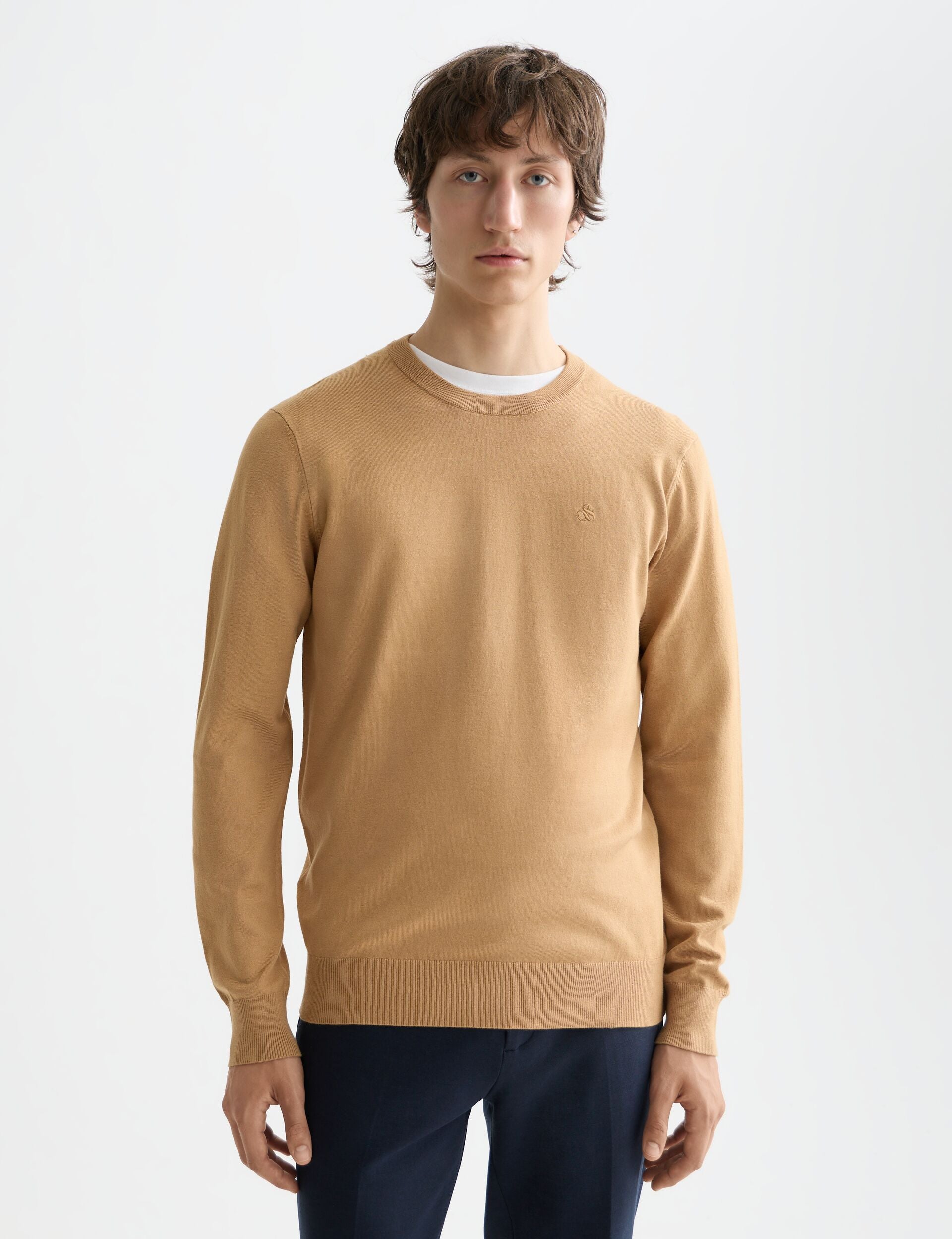 SCOTCH & SODA viscose crewneck pullover, knitwear in a relaxed fit with ribbed cuffs and neckline, shown in a neutral color.