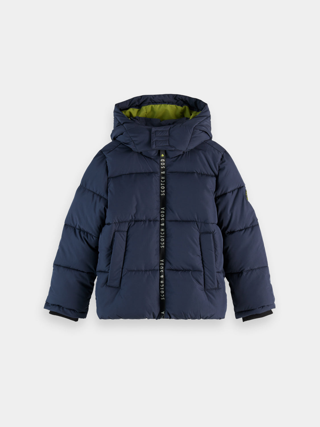 Kids hooded puffer jacket by Scotch & Soda, featuring a warm, quilted design with a front zipper and hood.
