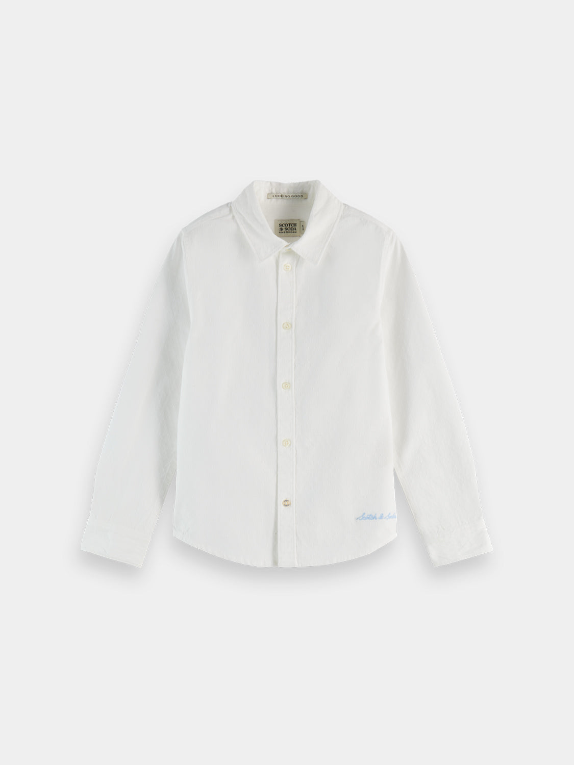 Kids classic long-sleeve dress shirt by Scotch & Soda, shown in blue with button-down collar and cuffs.