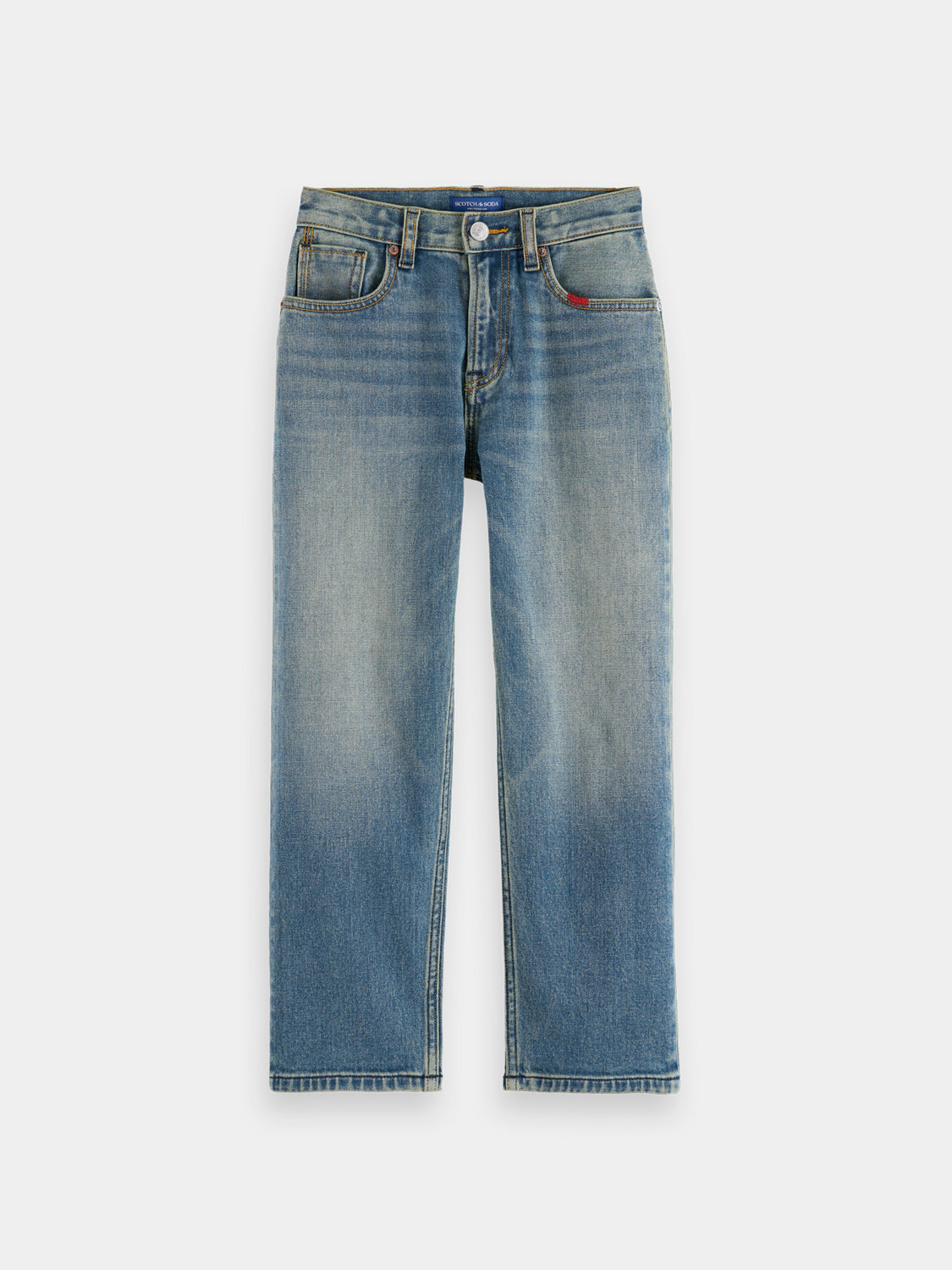 Kids' loose-fit denim jeans by Scotch & Soda, showing casual style and light blue color in a close-up image.