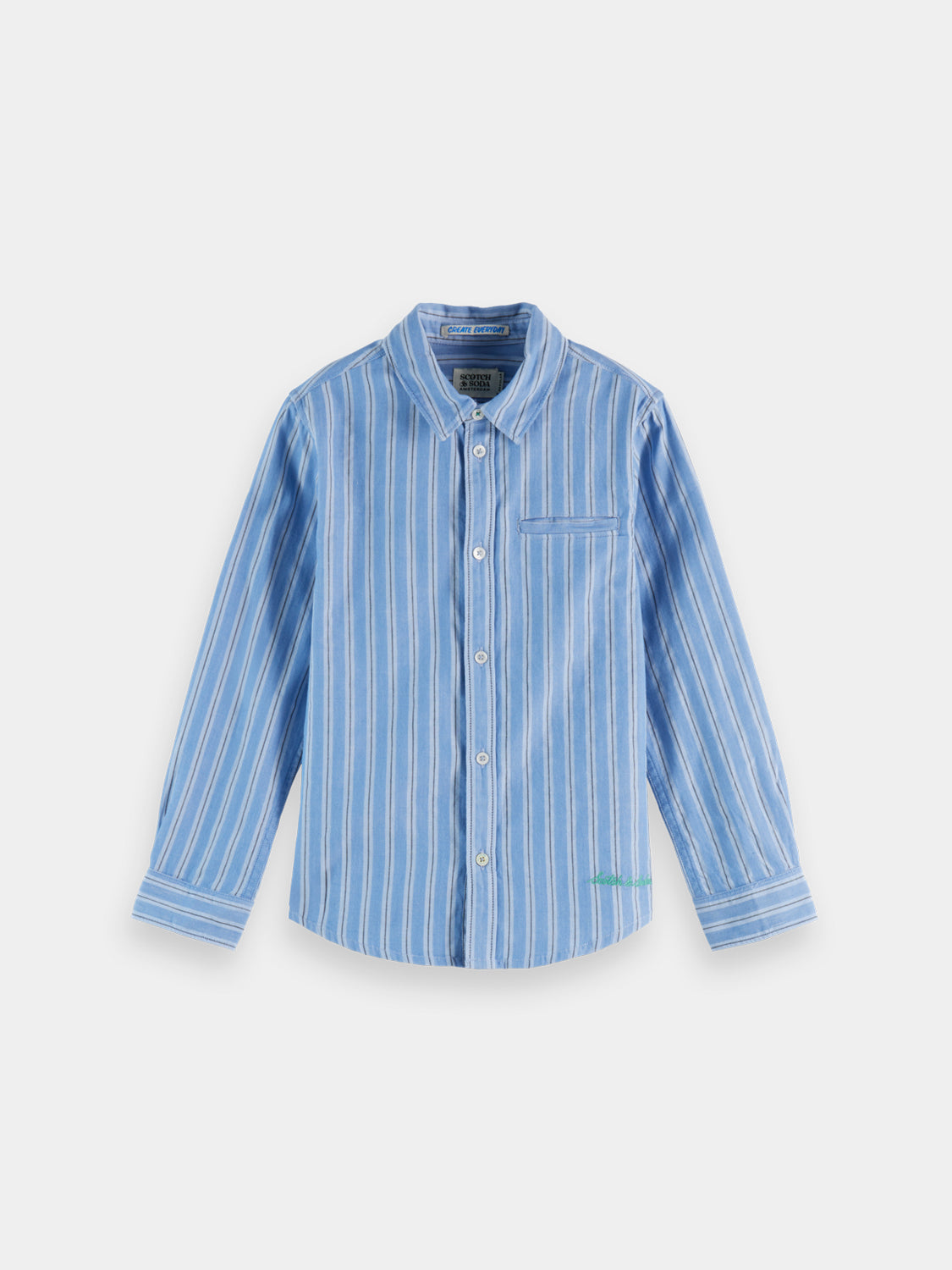Kids' long-sleeve yarn-dyed shirt by Scotch & Soda, featuring a colorful pattern and button-up front.