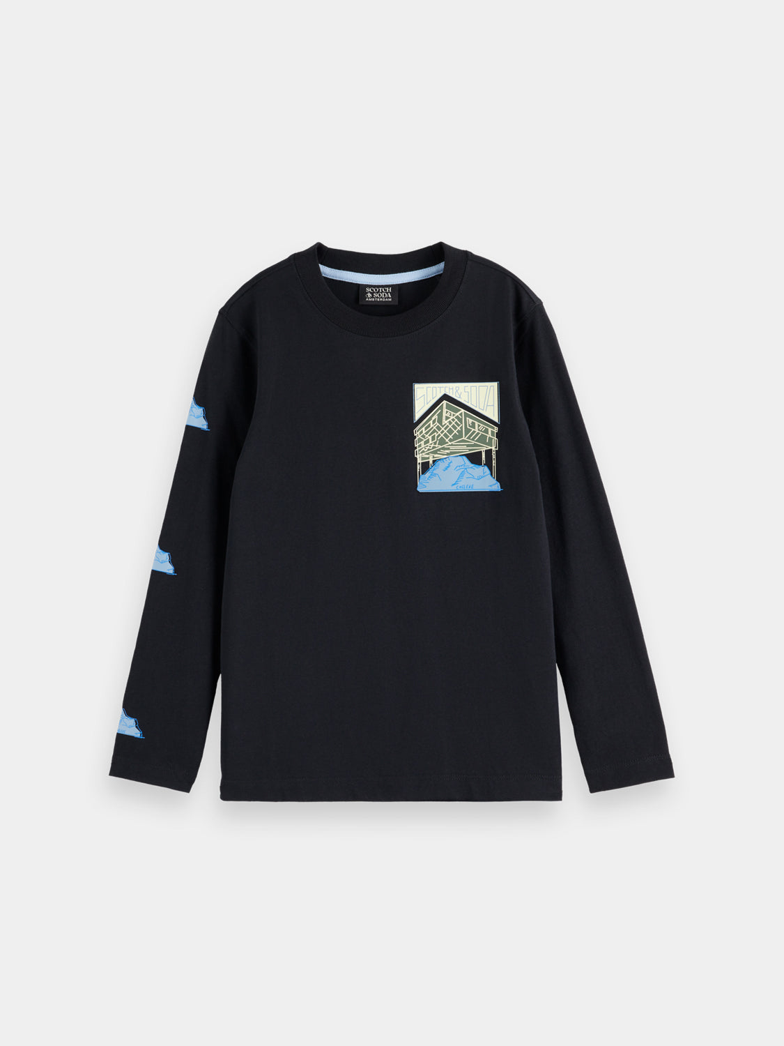 Kids' long-sleeved T-shirt with colorful artwork from Scotch & Soda, featuring a comfortable fit and playful design.