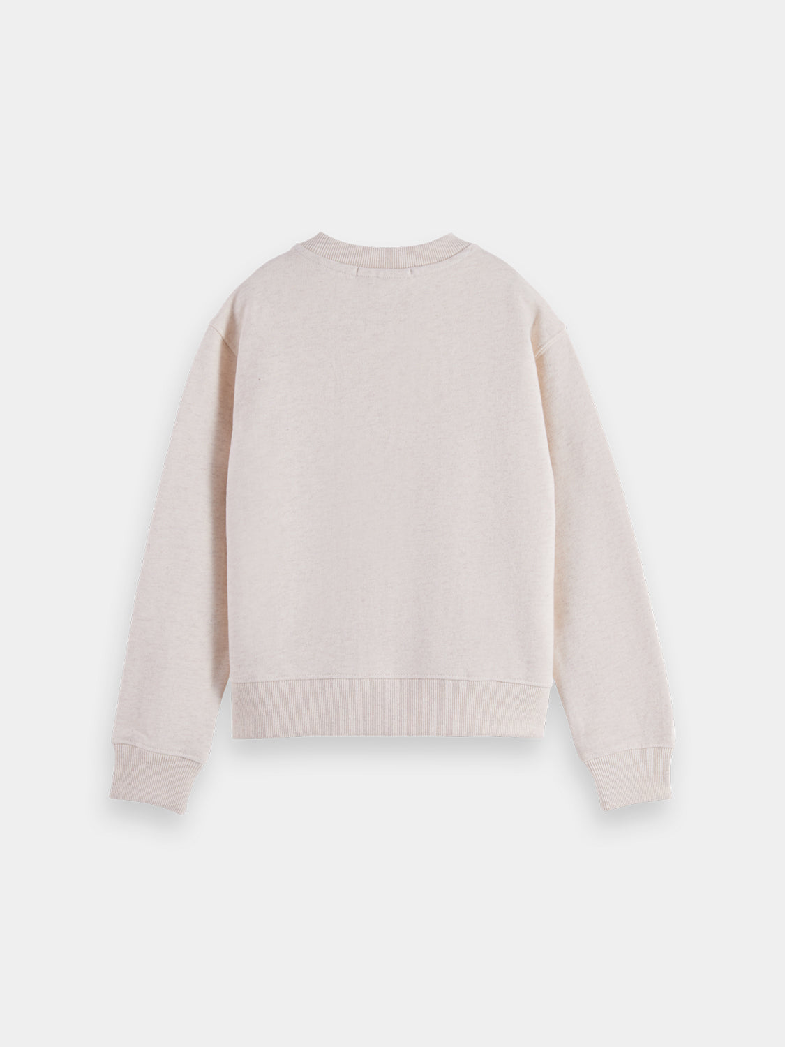 Kids' Artwork sweatshirt by Scotch & Soda, navy sweat fabric with colorful graphic design, back view.