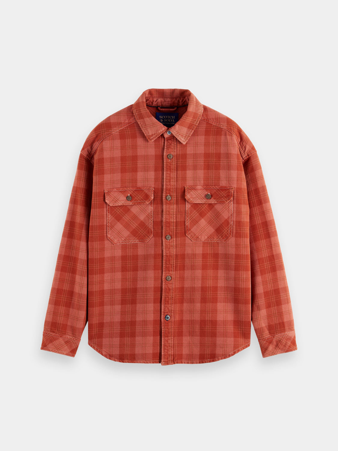 Scotch & Soda denim checked overshirt jacket with button closure and chest pockets, casual style for layered looks.