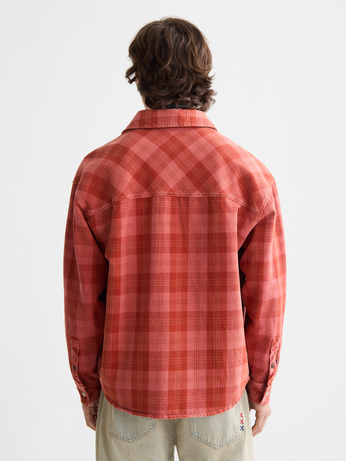 Scotch & Soda denim checked overshirt jacket with button front and chest pockets, casual style in blue and black plaid fabric.