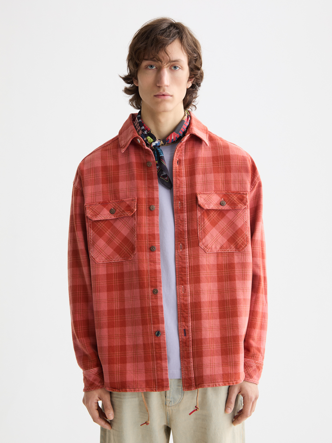 Scotch & Soda denim checked overshirt jacket with button front and collar, casual style for everyday wear.