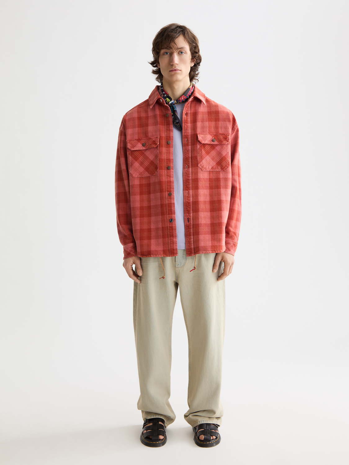 Scotch & Soda denim checked overshirt jacket with button closure and collar, casual style, shown in front view.