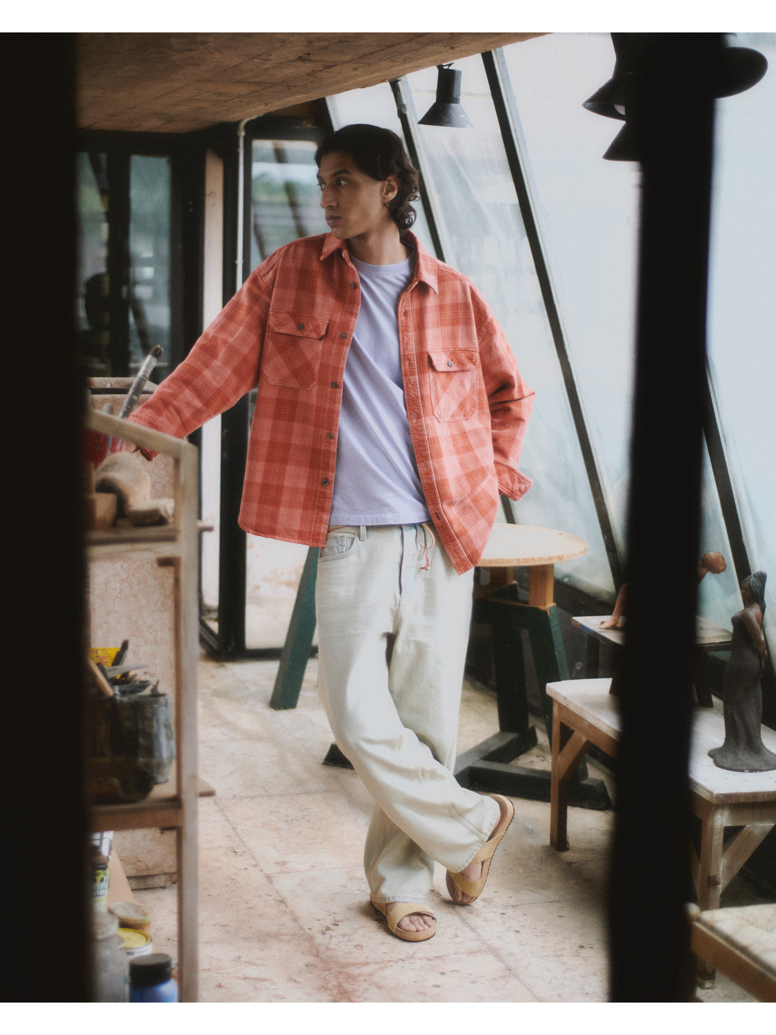 Scotch & Soda men's denim checked overshirt jacket with button front and long sleeves, casual outerwear for everyday style.