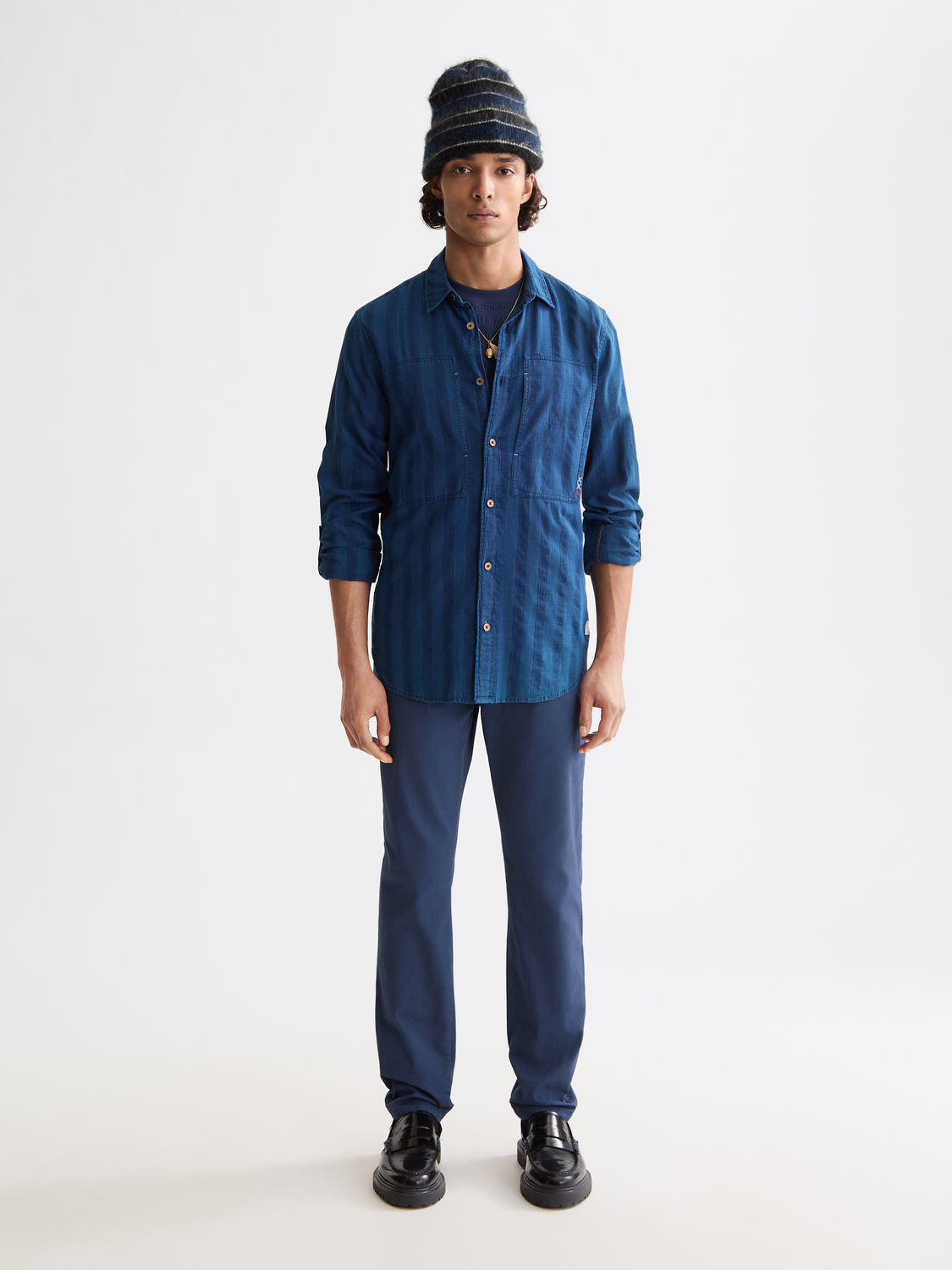 Long sleeve textured indigo shirt by Scotch & Soda, showcasing detailed fabric and classic fit, front view.