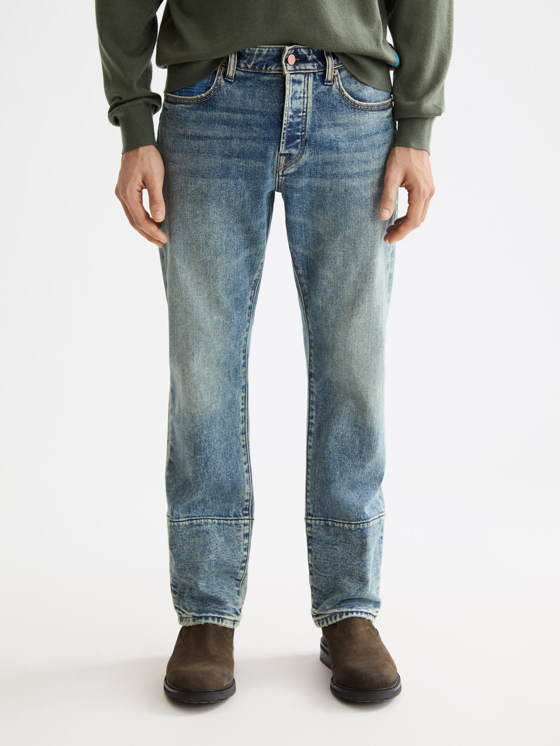 Scotch & Soda Zee straight-fit denim jeans showing front view with classic five-pocket design and medium blue wash.