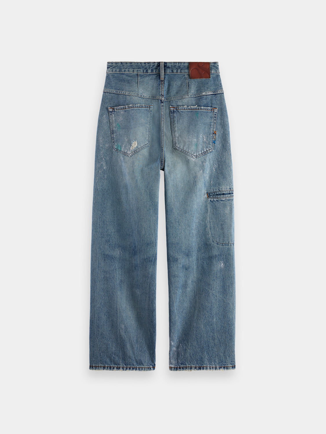 Dark blue Scotch & Soda Daze loose-fit denim jeans laid flat, showcasing classic five-pocket design and relaxed fit.
