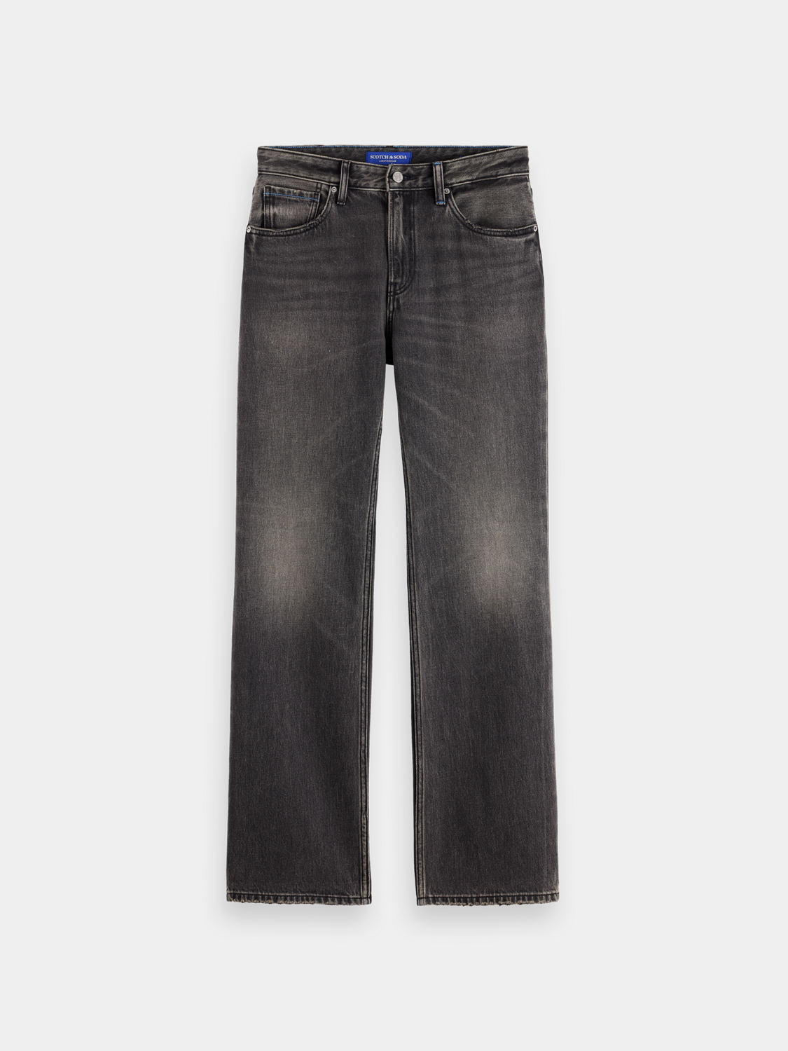 Scotch & Soda wide-fit denim jeans, front view showing classic five-pocket design and stylish, relaxed fit.