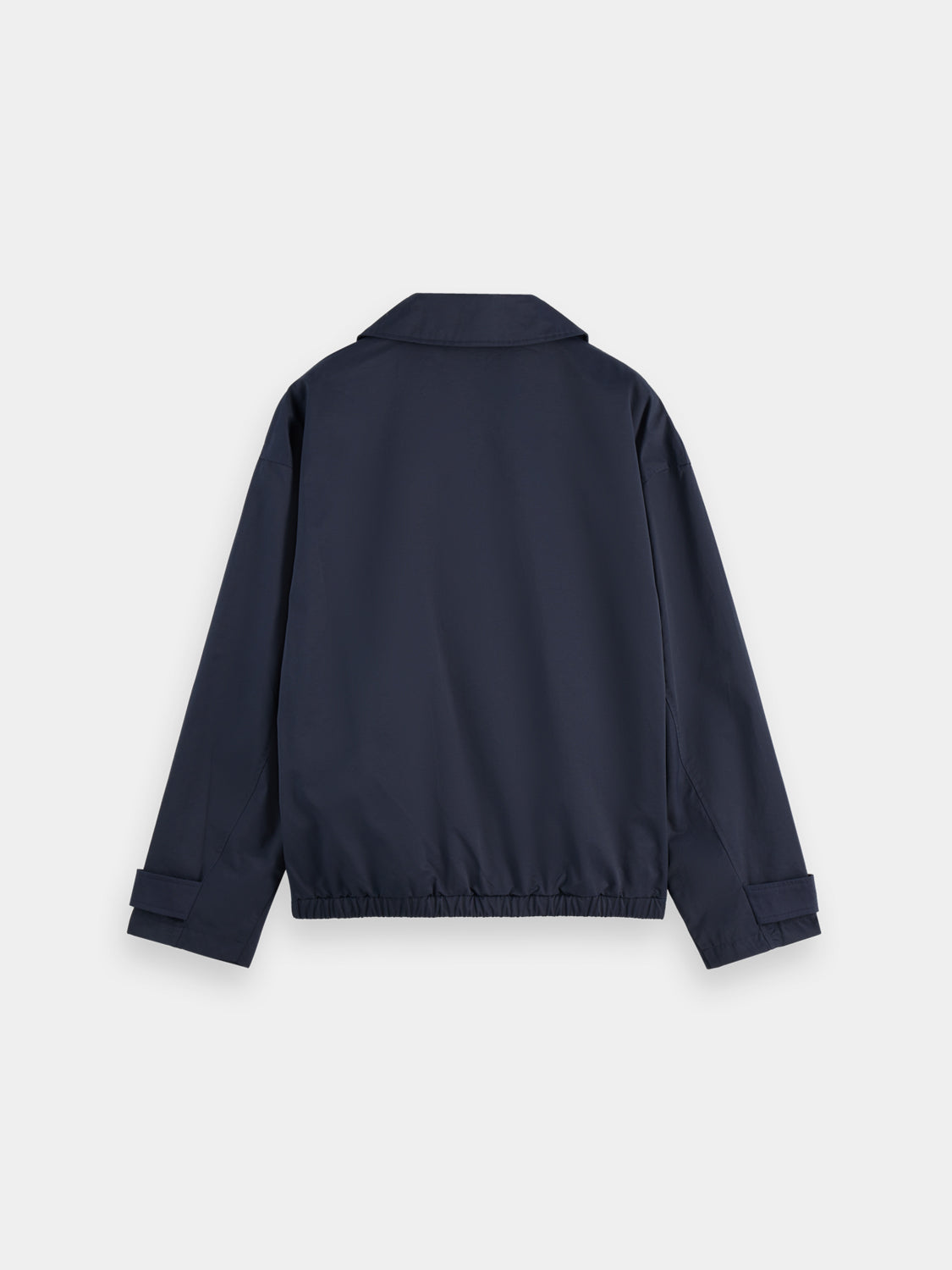 Short trench coat by Scotch & Soda, stylish outerwear jacket with a sleek design and classic collar, in dark color.