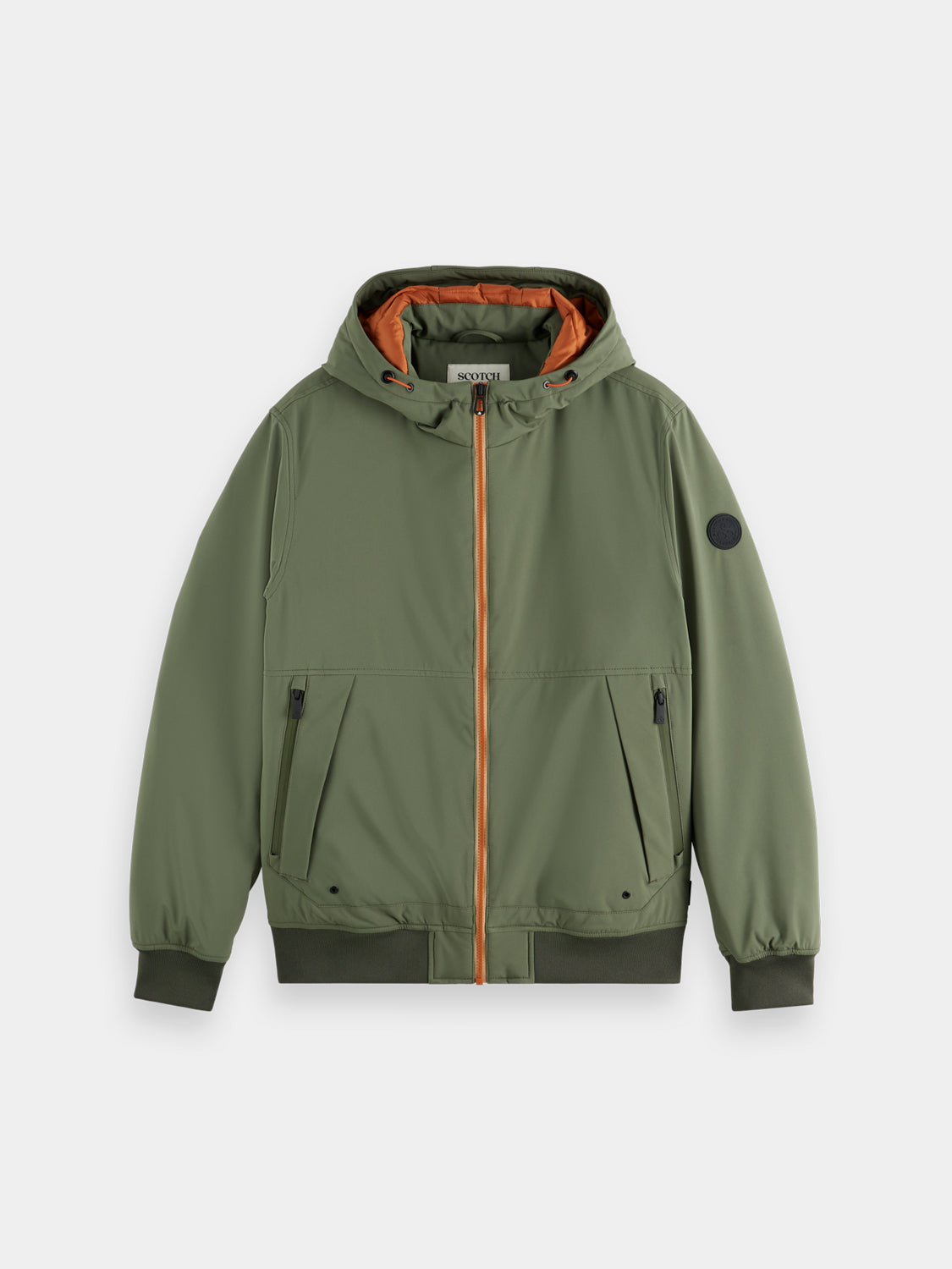 SCOTCH & SODA hooded softshell jacket, lightweight outdoor jacket with adjustable hood, front pockets, and sleek design.