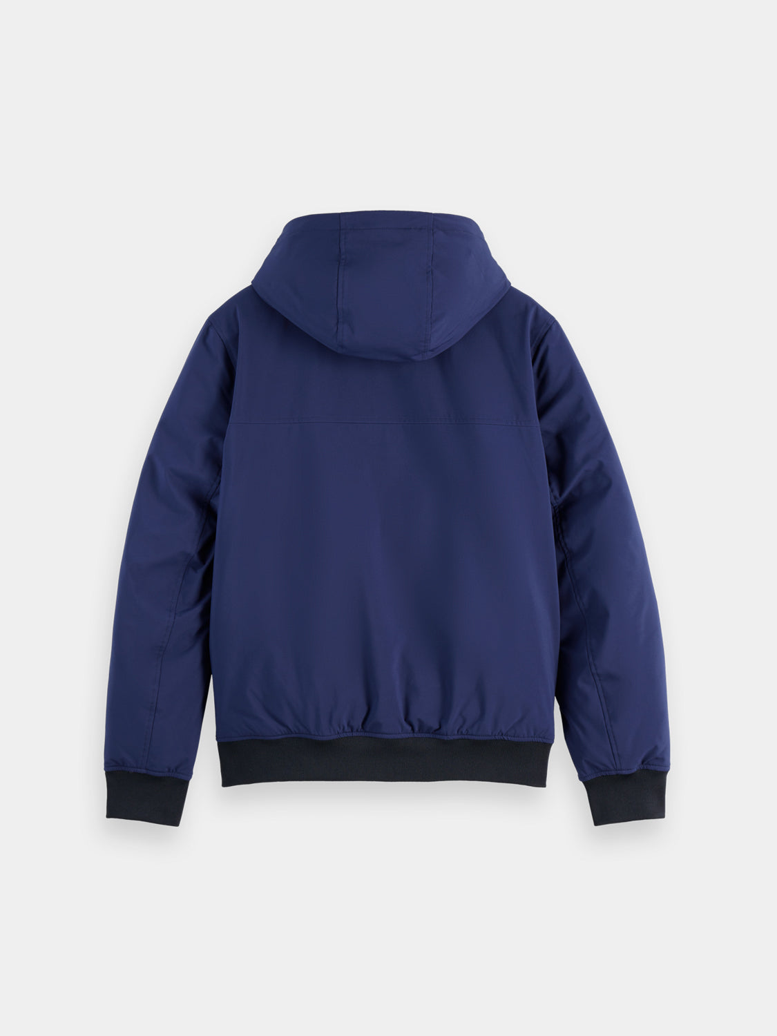 SCOTCH & SODA hooded softshell jacket shown in black, featuring a front zipper, adjustable hood, and lightweight, weather-resistant fabric.