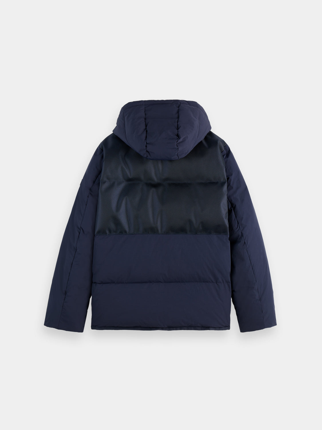 Black hooded puffer jacket by Scotch & Soda, featuring a quilted design and front zipper, displayed on a hanger.