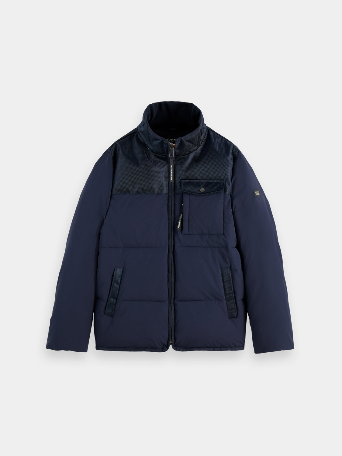Dark gray Scotch & Soda hooded puffer jacket with quilted design and front zipper, shown on a hanger.