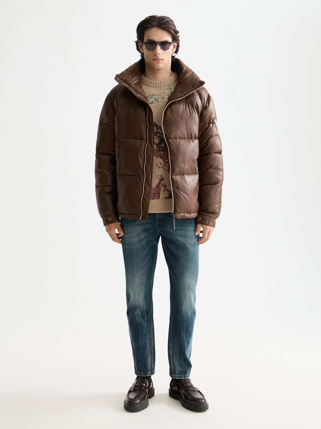 SCOTCH & SODA lacquer puffer jacket with shiny black finish, quilted design, and stand-up collar, front view.