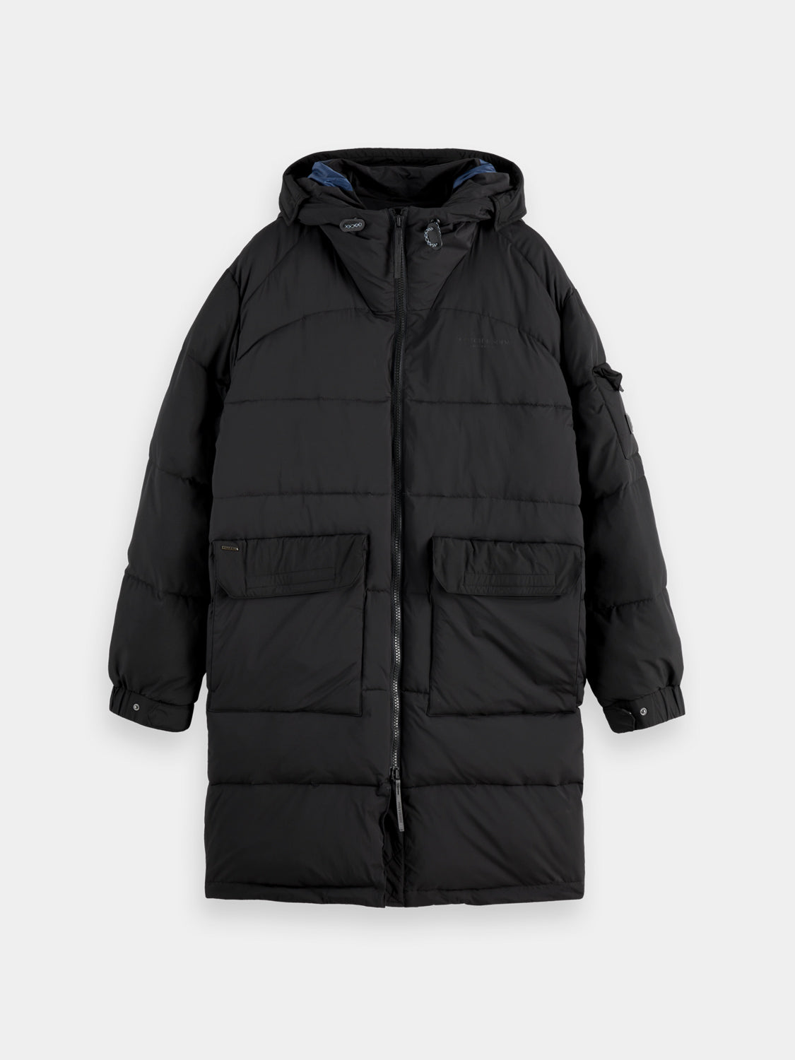 Long puffer jacket by Scotch & Soda, featuring a quilted design, high collar, and insulated warmth for cold weather wear.