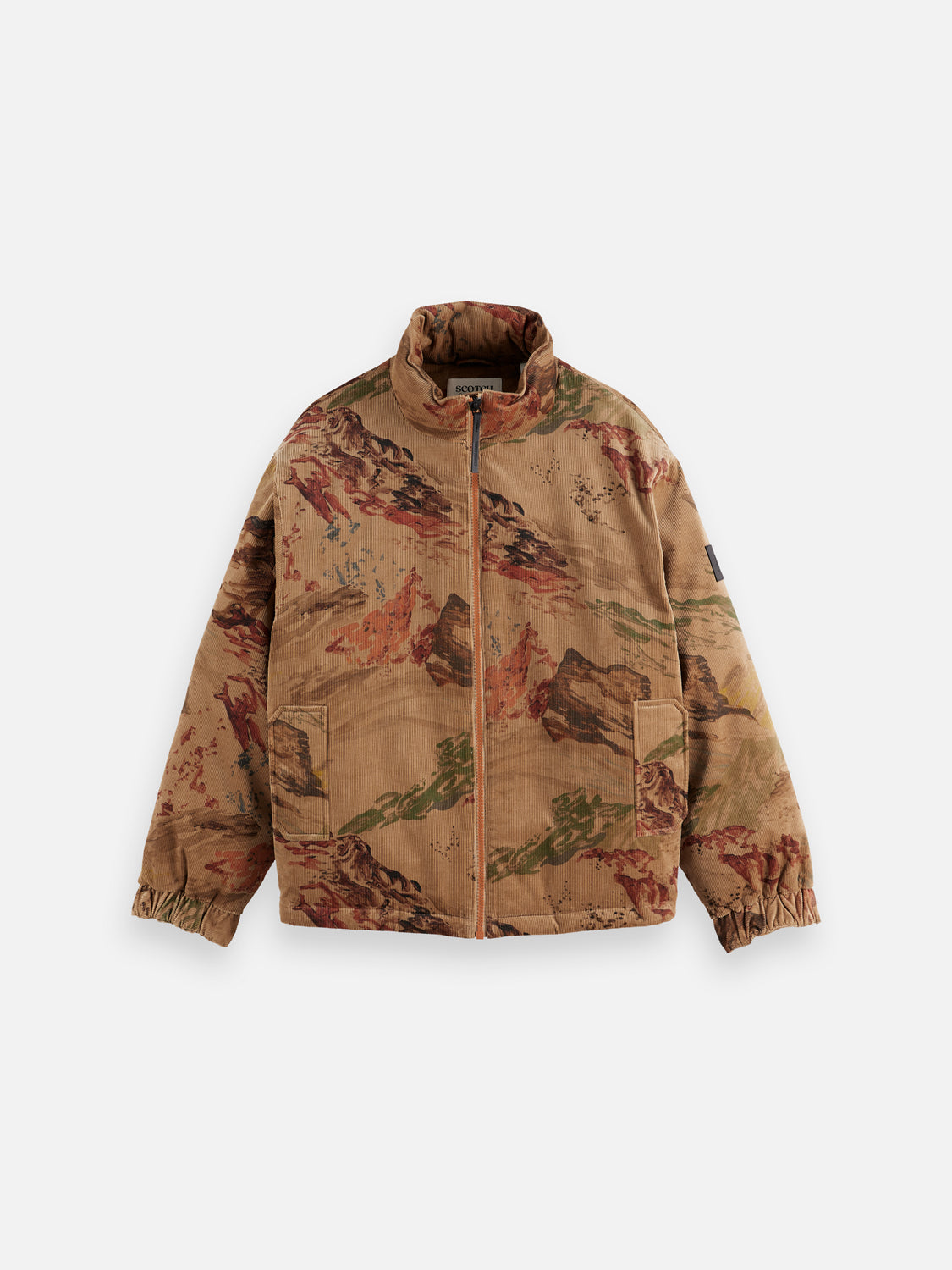 Scotch & Soda corduroy puffer jacket with a high collar and quilted design, shown in a front view.