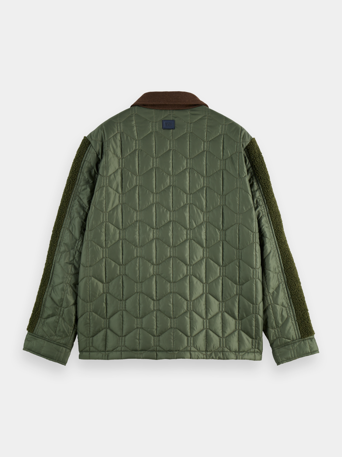 Scotch & Soda quilted military jacket with front pockets and button details, displayed on a hanger.