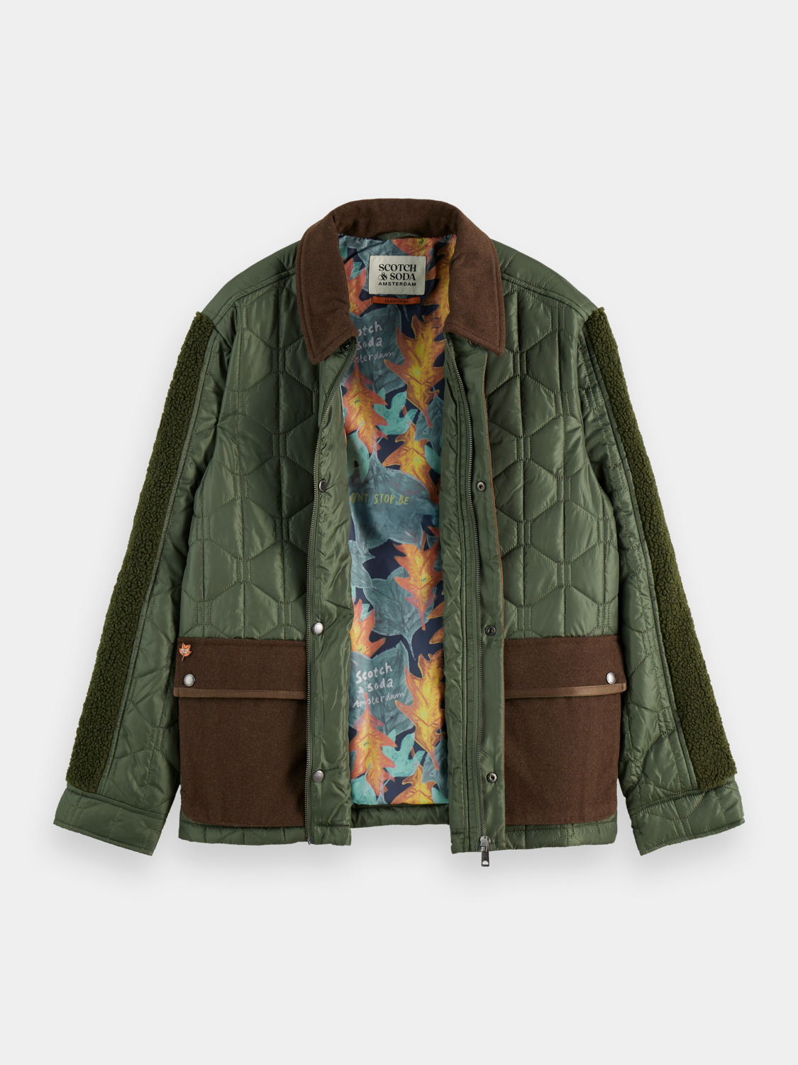 Scotch & Soda quilted military jacket with a button front, epaulets, and multiple pockets, displayed on a hanger.