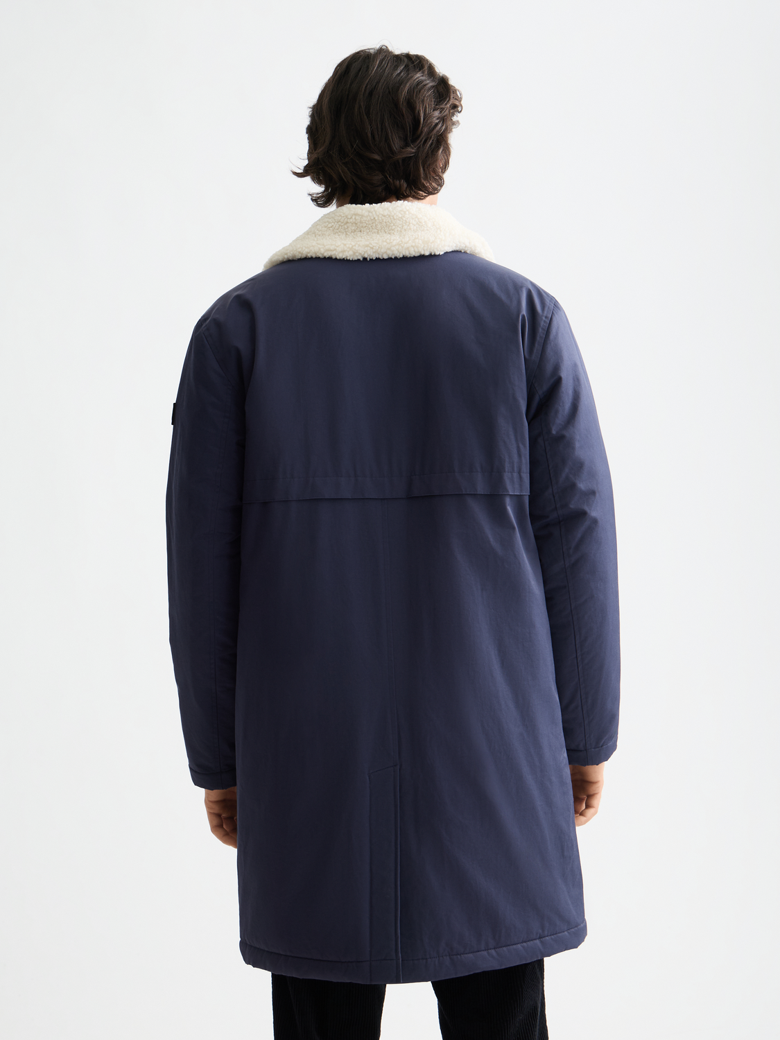 Scotch & Soda teddy collar coat jacket with plush collar and tailored fit, shown from the back in the product image.