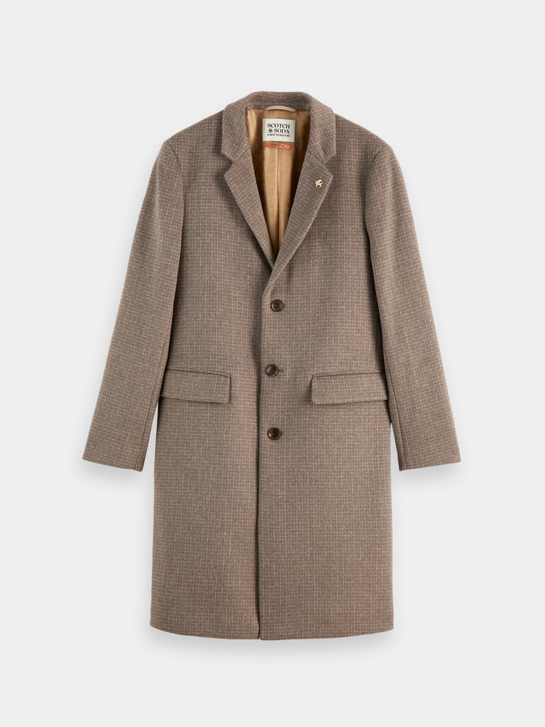 Scotch & Soda classic wool coat, stylish jacket with a tailored fit, shown in a neutral color, ideal for cold weather.