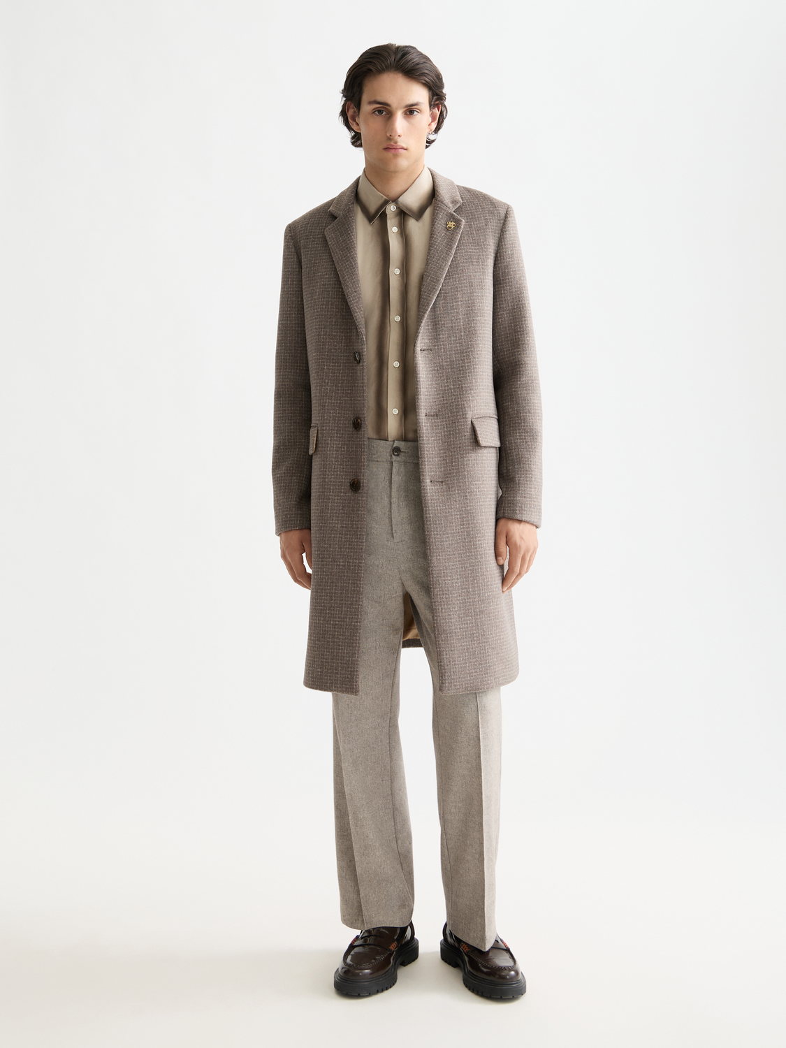 Scotch & Soda classic wool coat jacket in neutral color, front view showing tailored fit and stylish collar.