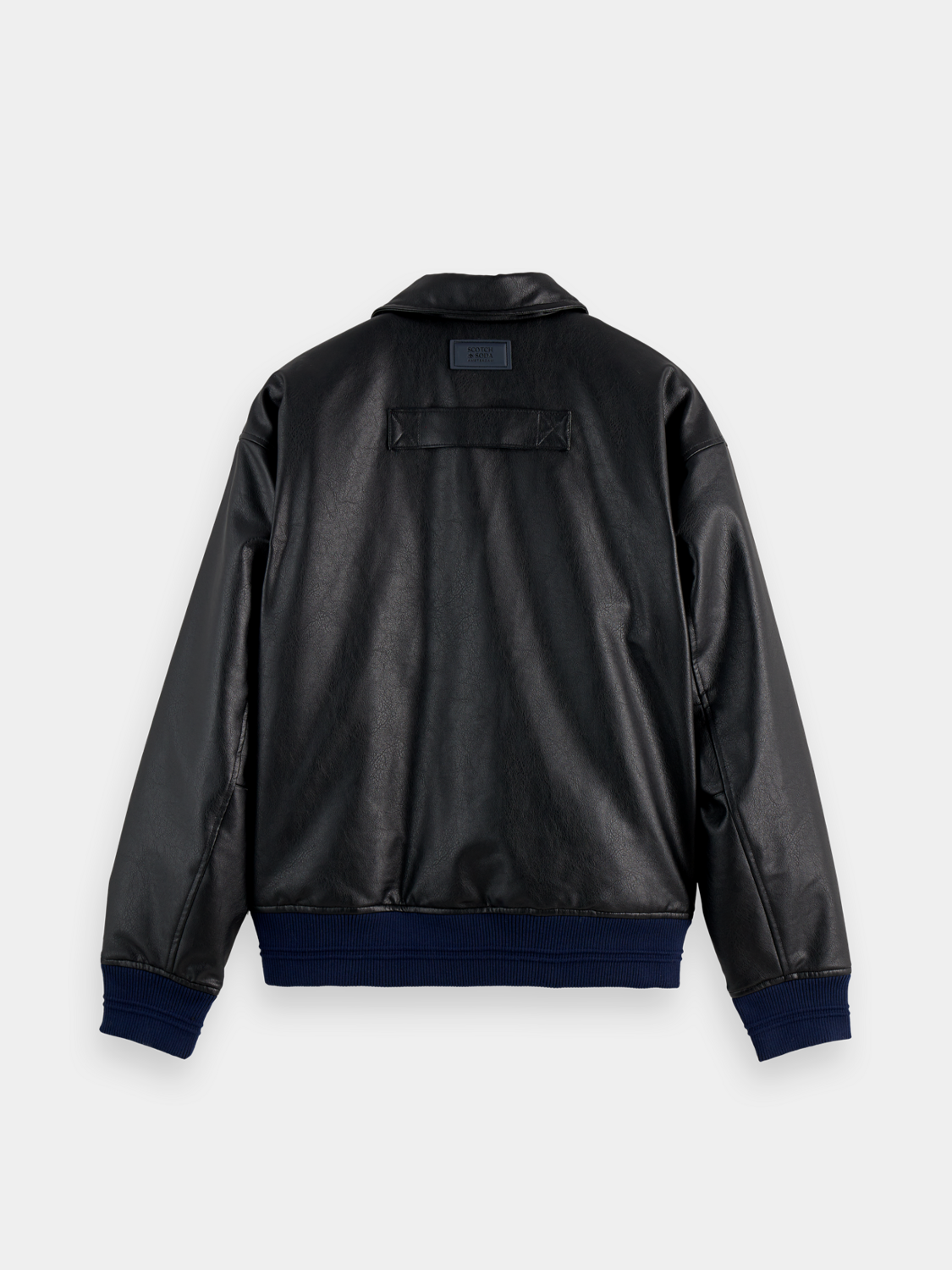 Black Scotch & Soda faux leather puffer jacket with quilted design, front zipper, and stand-up collar.