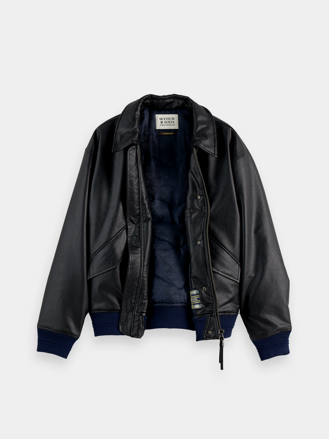 SCOTCH & SODA faux leather puffer jacket with a quilted design and stand-up collar, displayed on a plain background.