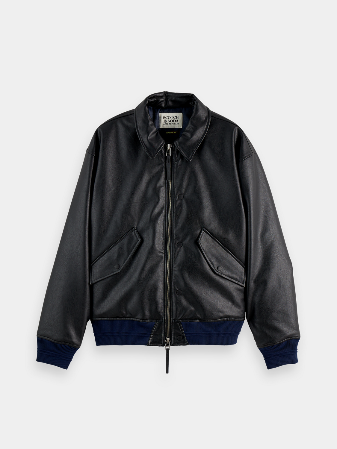SCOTCH & SODA faux leather puffer jacket with a quilted design, standing collar, and front zip closure.