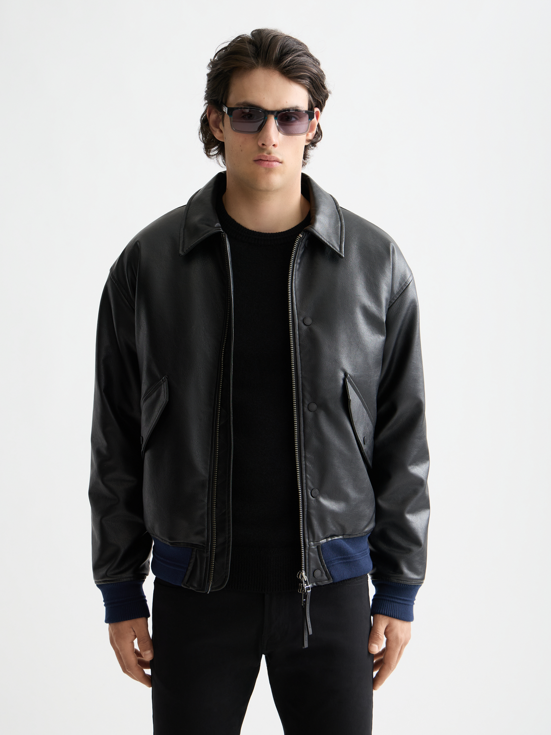 SCOTCH & SODA faux leather puffer jacket with quilted design and stand-up collar, front view showing stylish winter outerwear