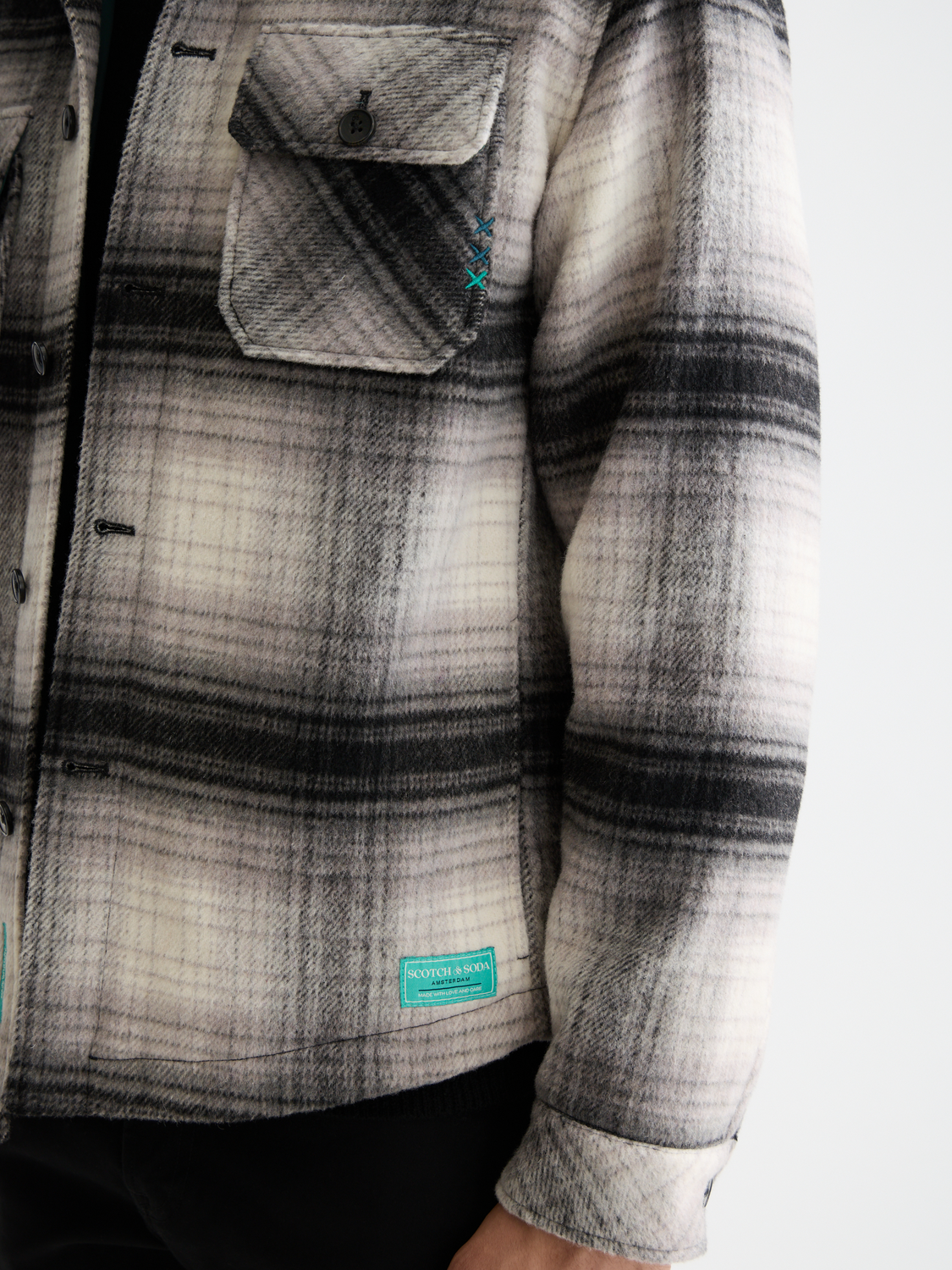 Scotch & Soda check overshirt jacket with button front and collar, casual style in a plaid pattern.