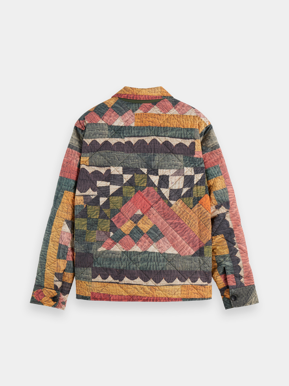 Patchwork overshirt jacket by SCOTCH & SODA featuring mixed fabric patterns and a button-up front.