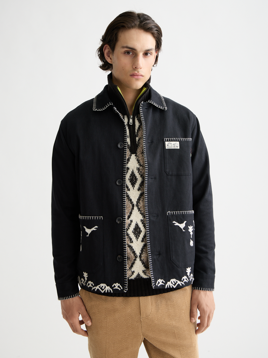 Embroidered worker jacket by Scotch & Soda, stylish jacket with detailed embroidery, front view showing craftsmanship and design.