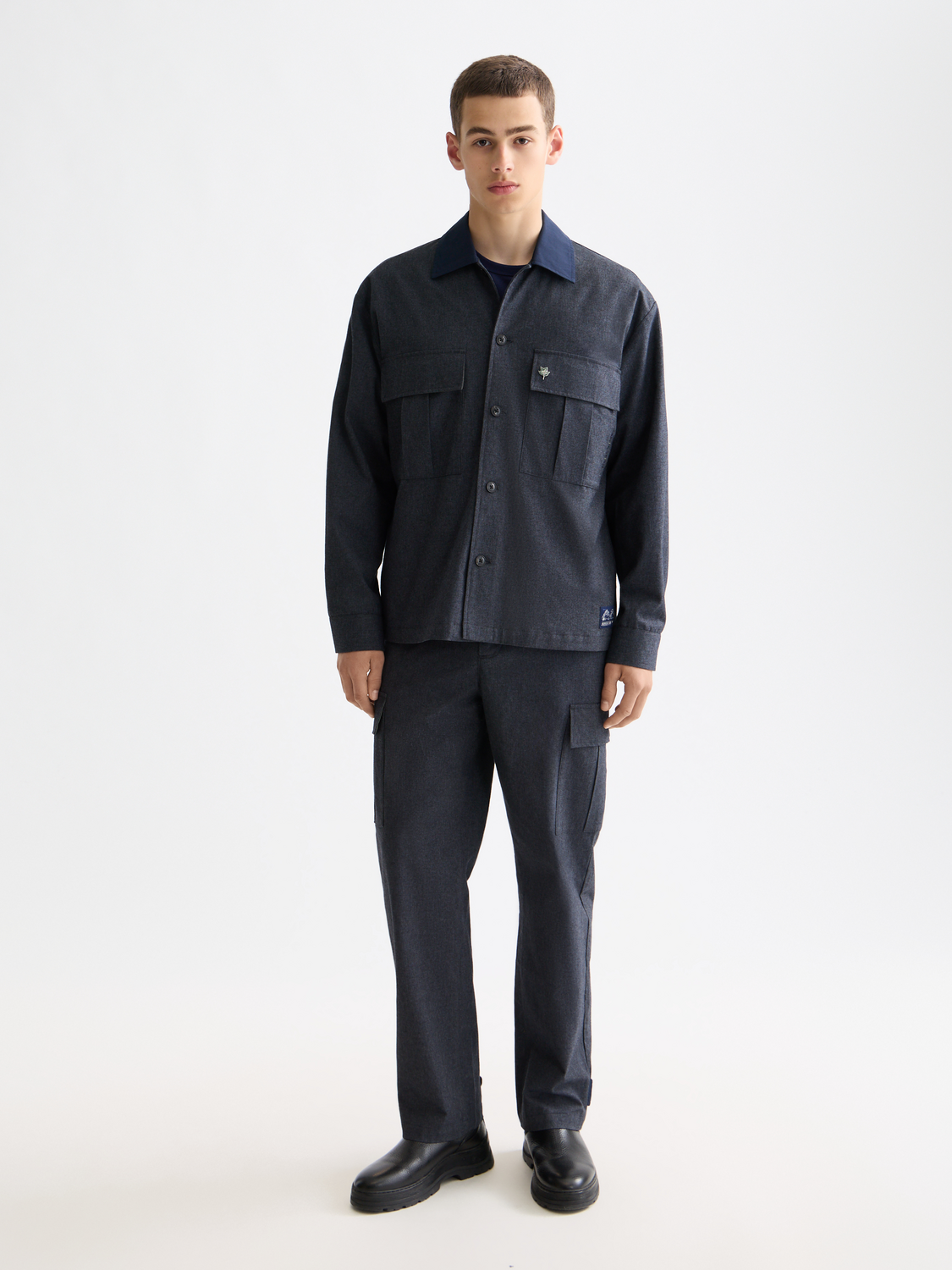 SCOTCH & SODA Melange utility overshirt jacket in neutral tones, featuring multiple pockets and button closures.