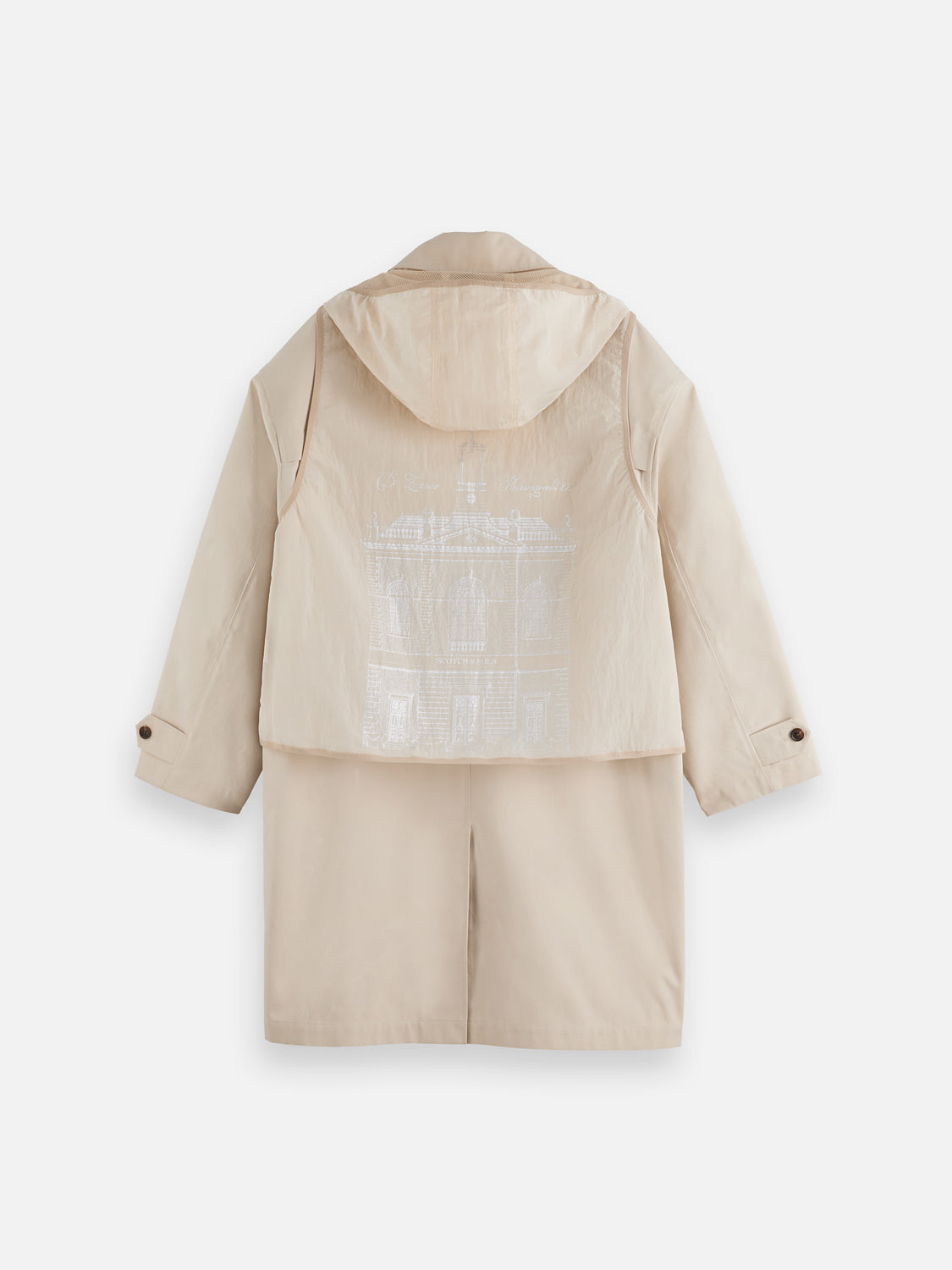 SCOTCH & SODA car coat with detachable vest, stylish jackets featuring a sleek back view and versatile layered design.