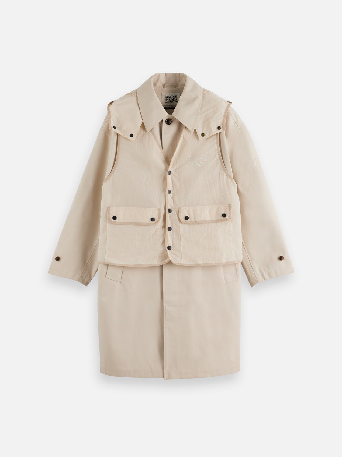 SCOTCH & SODA car coat with detachable vest, stylish men's jacket featuring a sleek design and versatile layering option.