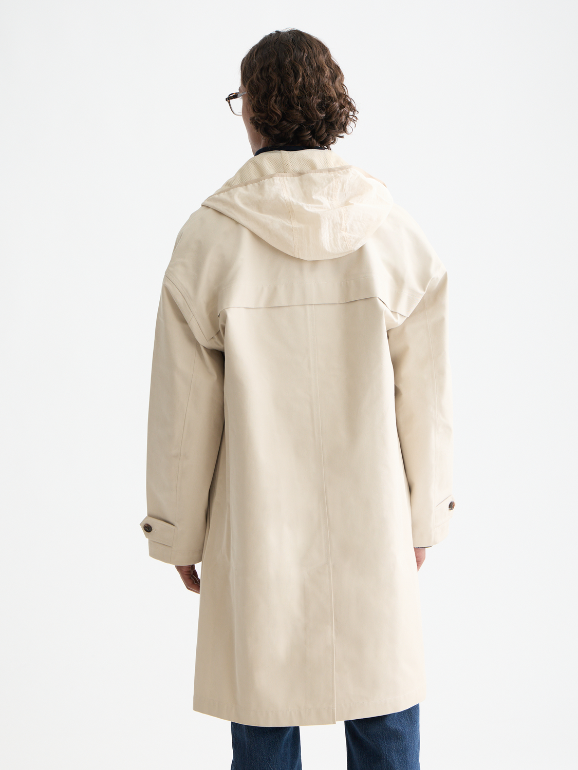 Scotch & Soda car coat with detachable vest, stylish jacket featuring a tailored fit and classic design, back view.