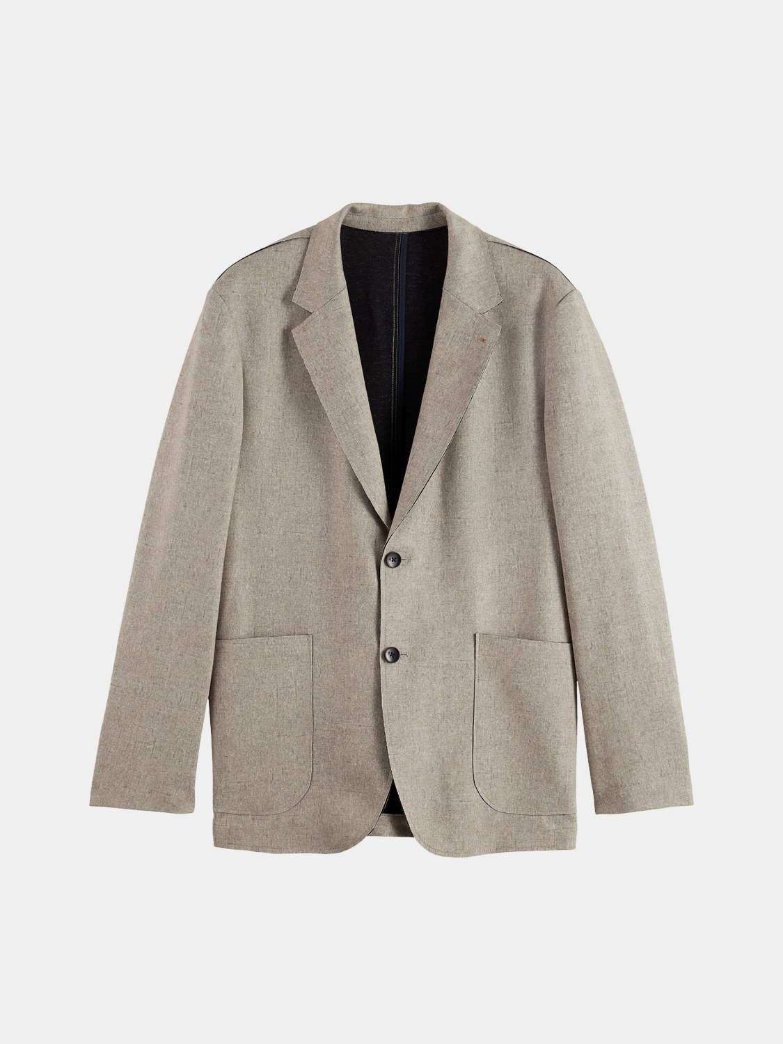 Unconstructed Scotch & Soda blazer in neutral fabric, tailored fit, and classic lapel design, displayed on a plain background.