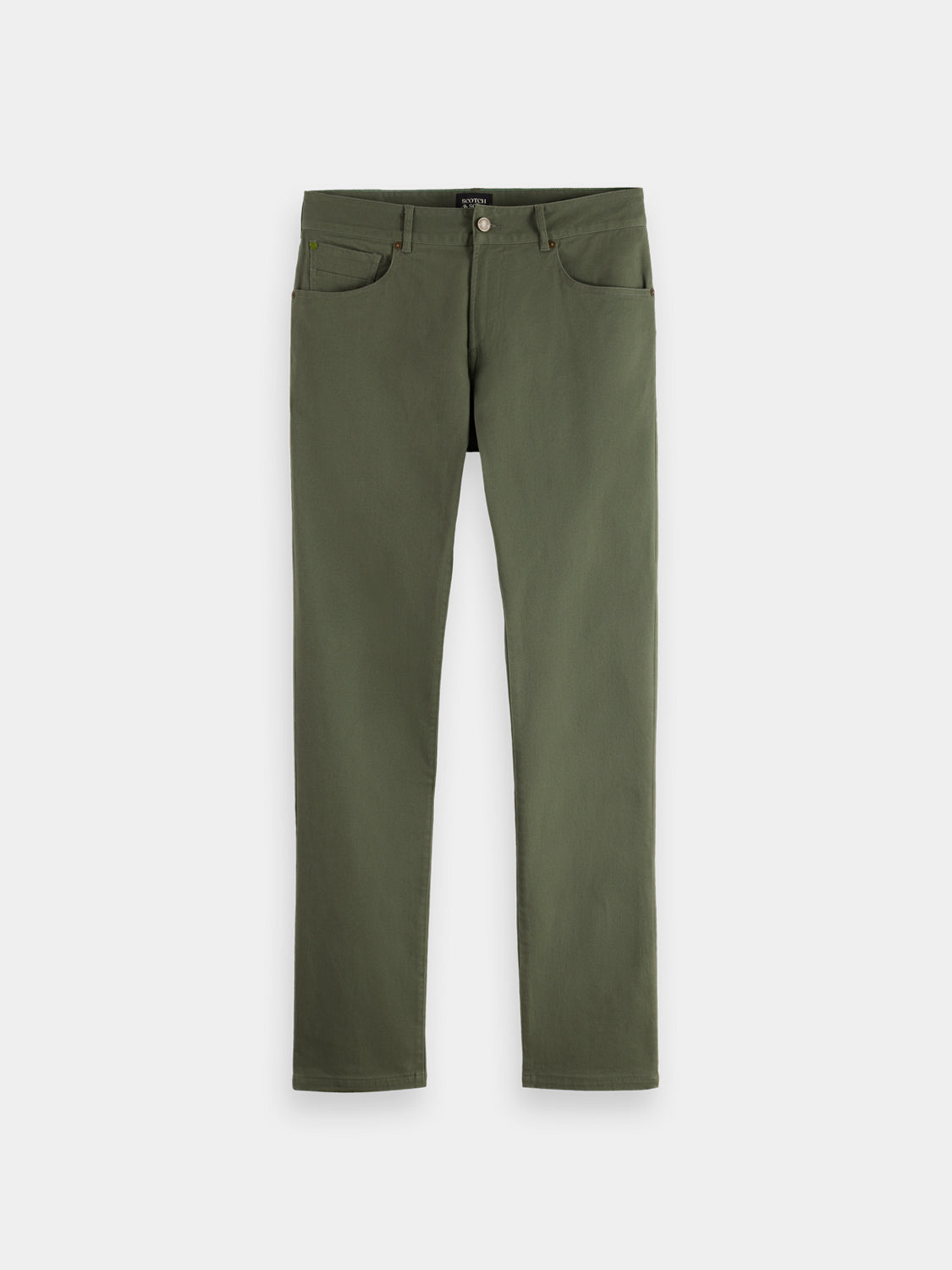 Dark blue Scotch & Soda Ralston slim-fit 5-pocket pants displayed on a hanger, showcasing their tailored fit and classic design.