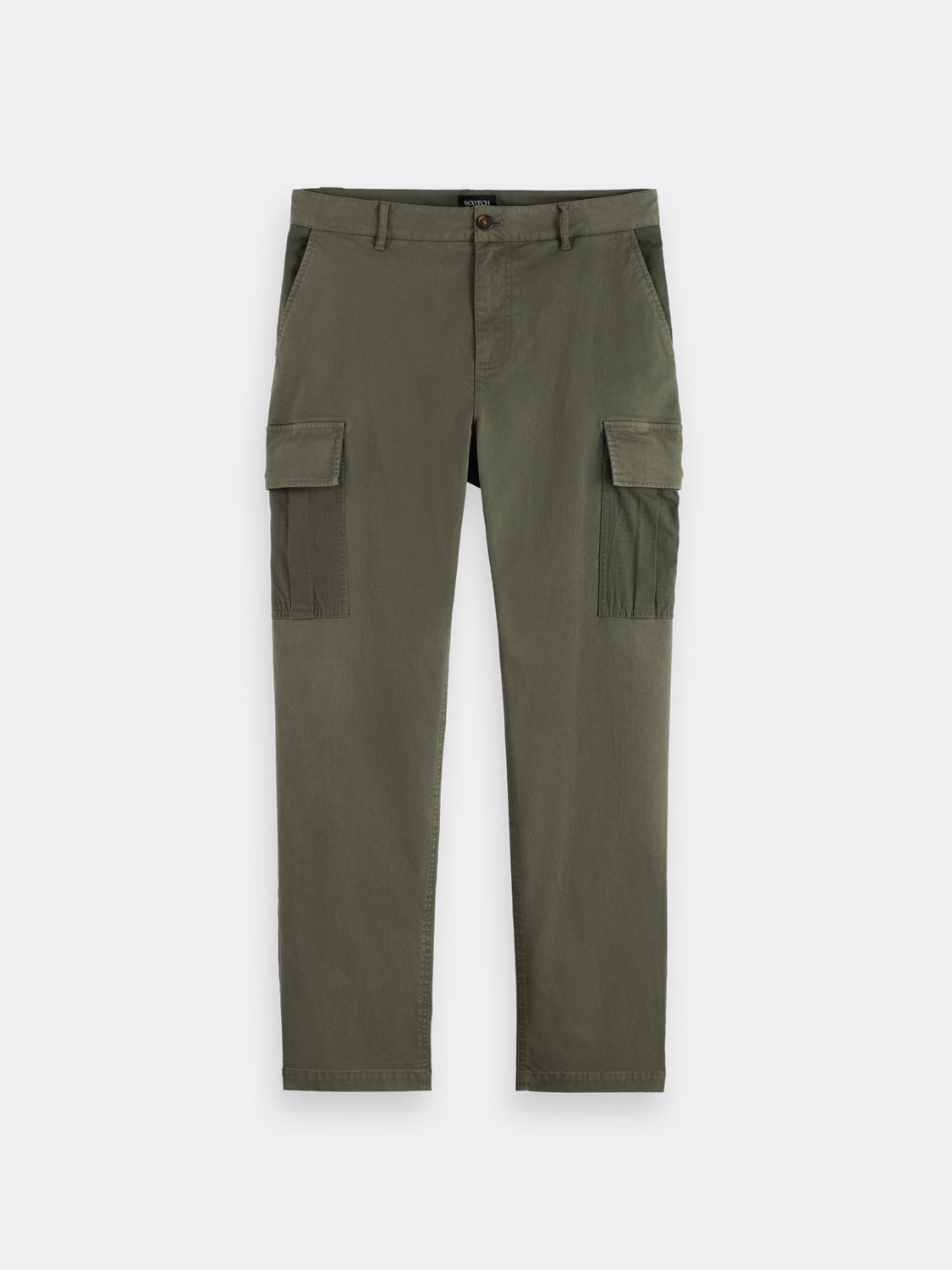 SCOTCH & SODA Harper cargo pants showing relaxed fit with multiple pockets and olive green fabric.