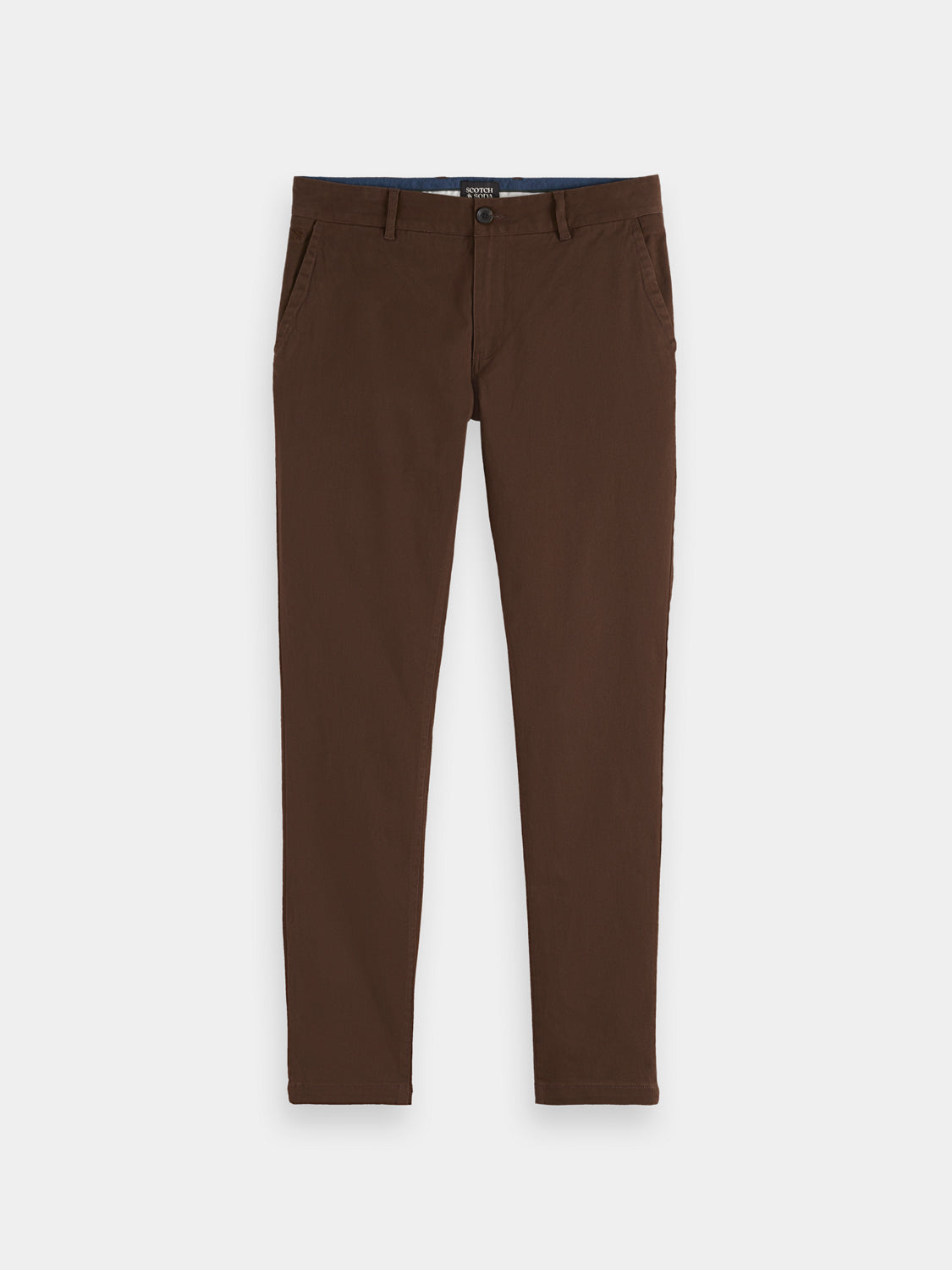 Slim-fit Mott chinos pants by Scotch & Soda, shown in dark fabric with classic five-pocket design and subtle stitching details.