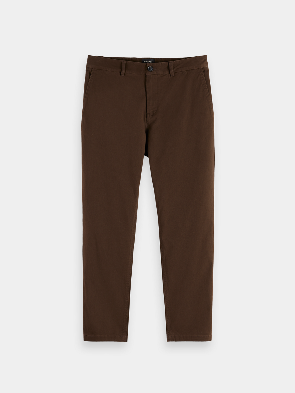 Scotch & Soda Drift tapered chinos pants in a neutral color, displayed flat with front pockets and tapered leg design.
