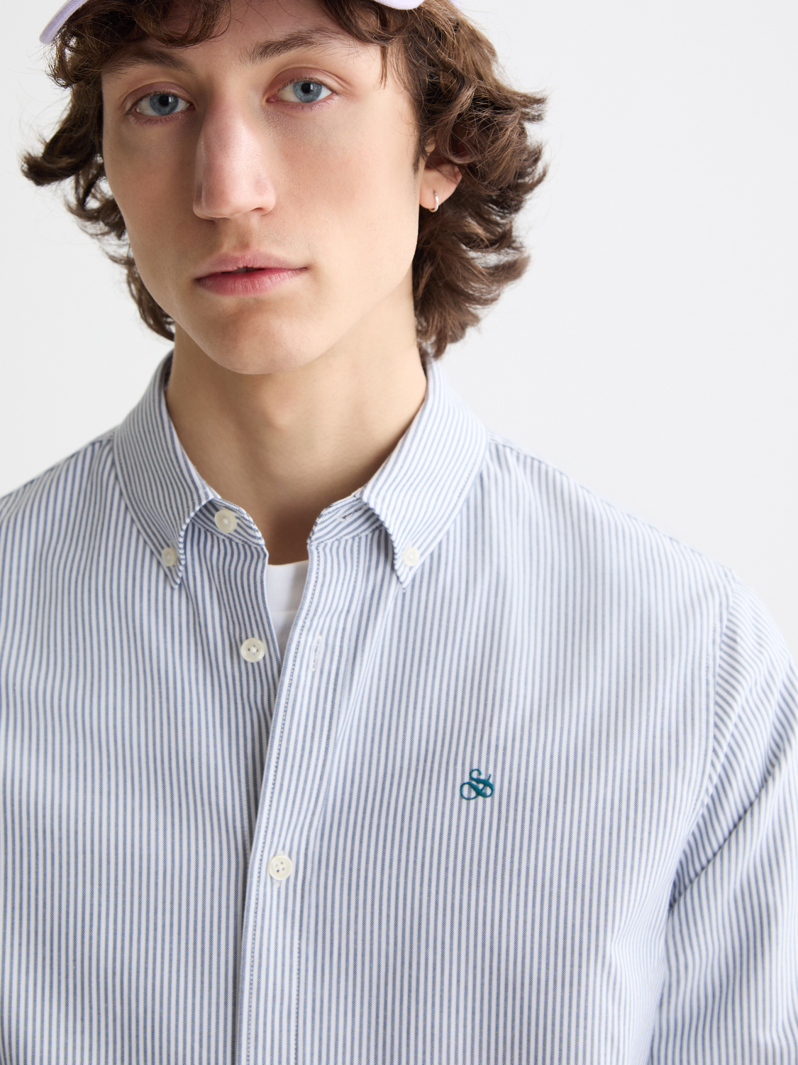 Long sleeve Scotch & Soda striped Oxford shirt with blue and white vertical stripes, classic collar, and button front.