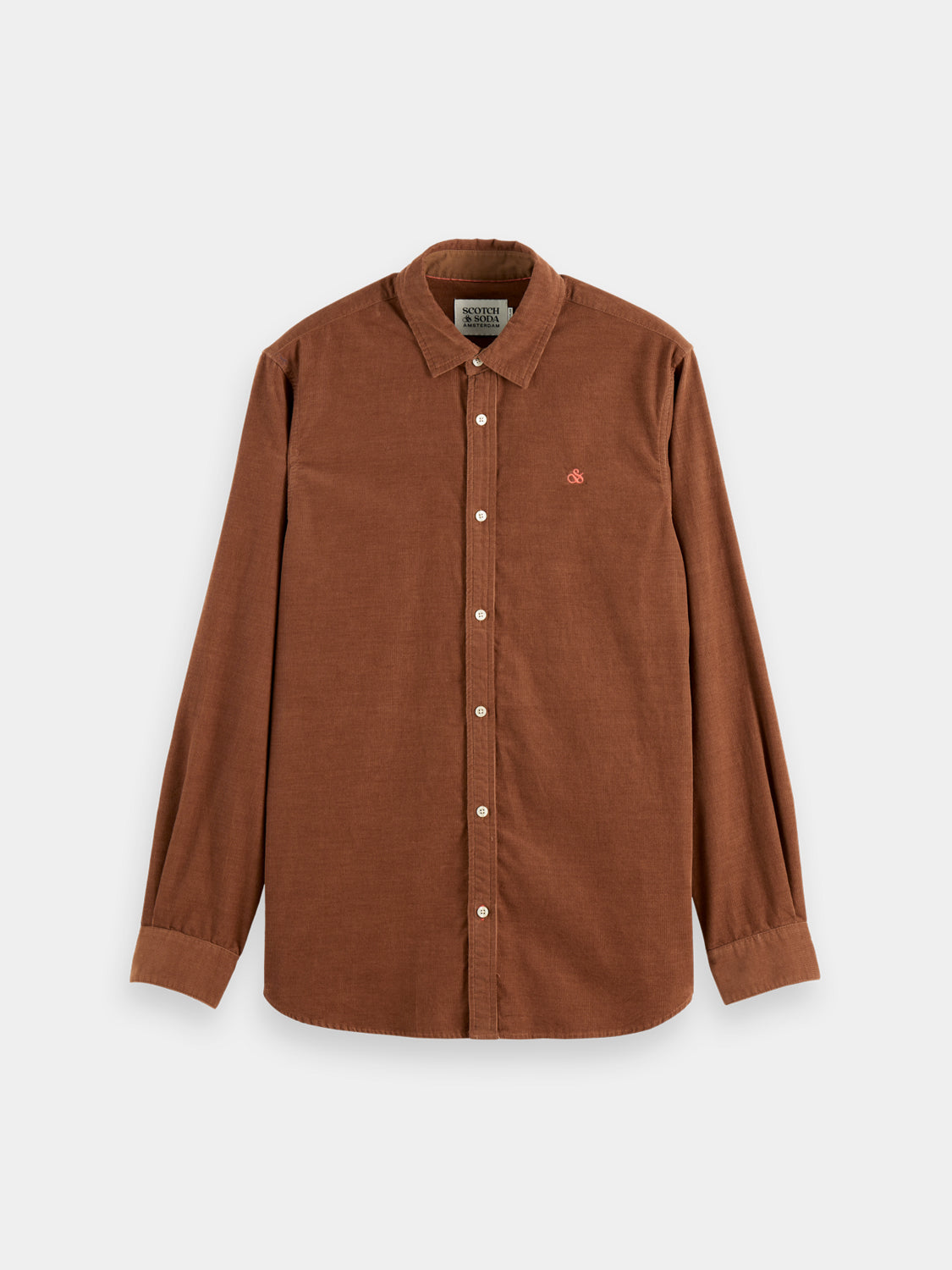 Long-sleeve Scotch & Soda corduroy shirt in a stylish, textured fabric, displayed on a hanger.