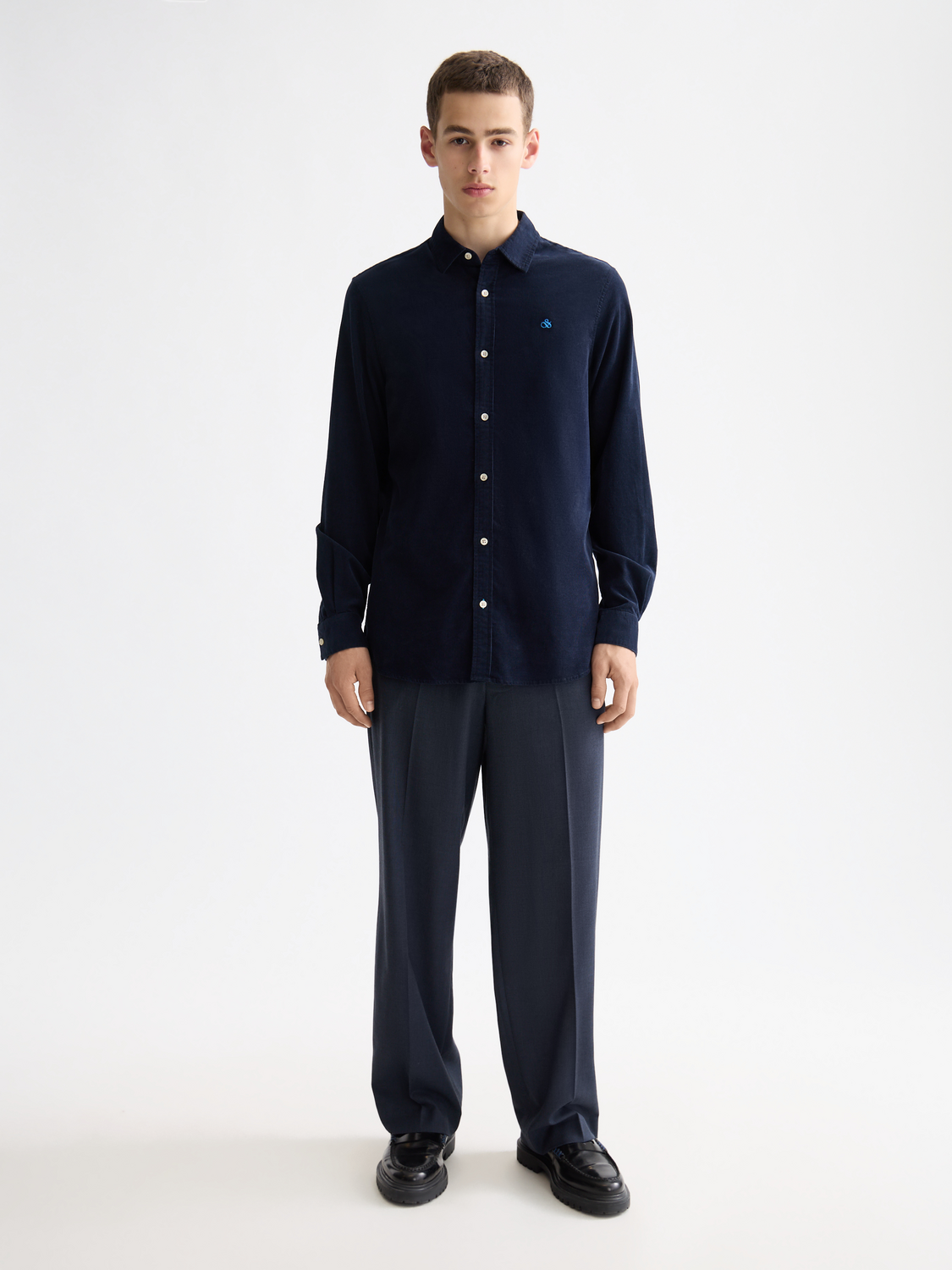 Long-sleeve Scotch & Soda corduroy shirt in earthy brown, featuring a classic collar and button-up front.